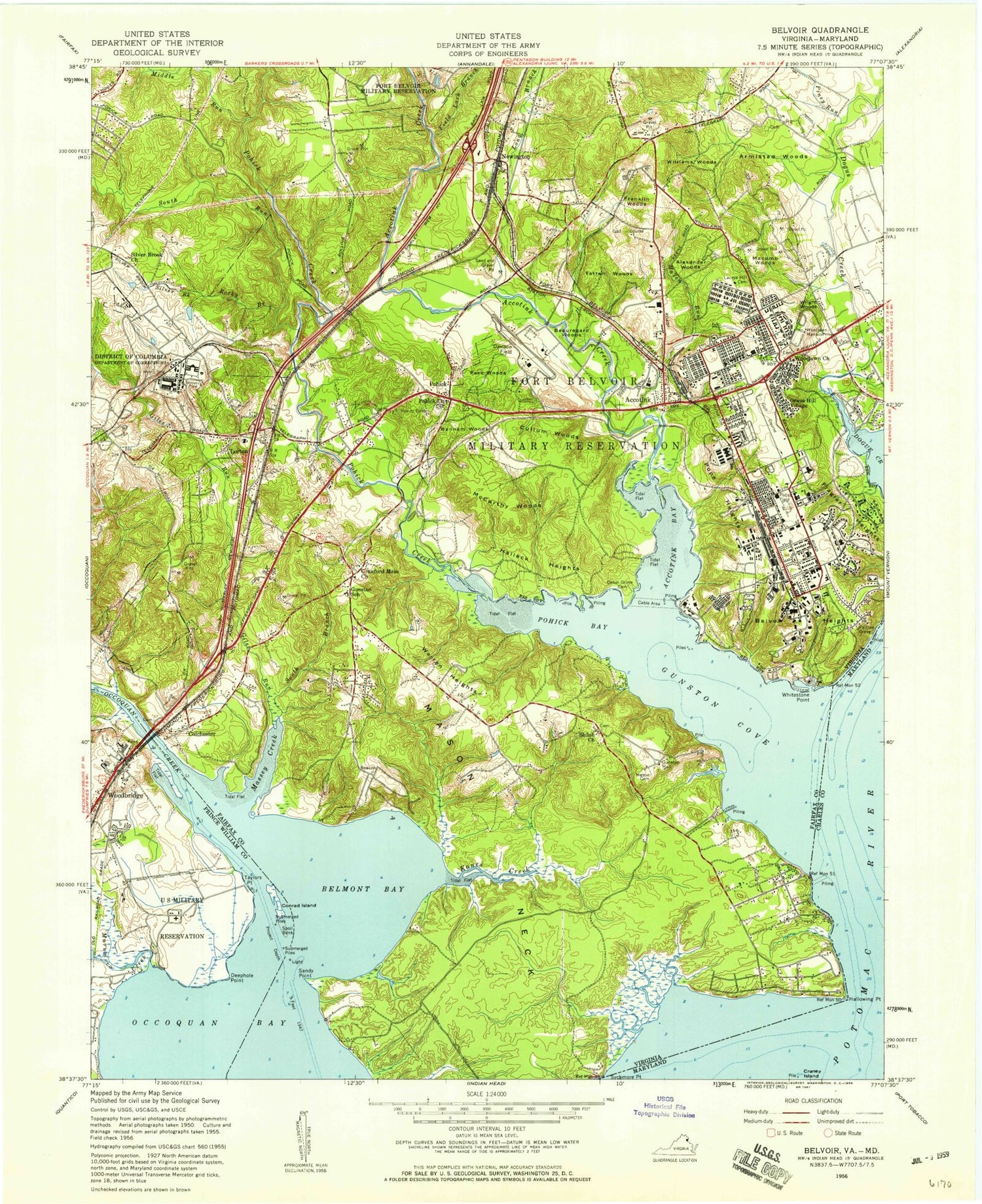 Classic USGS Fort Belvoir Virginia 7.5'x7.5' Topo Map Image