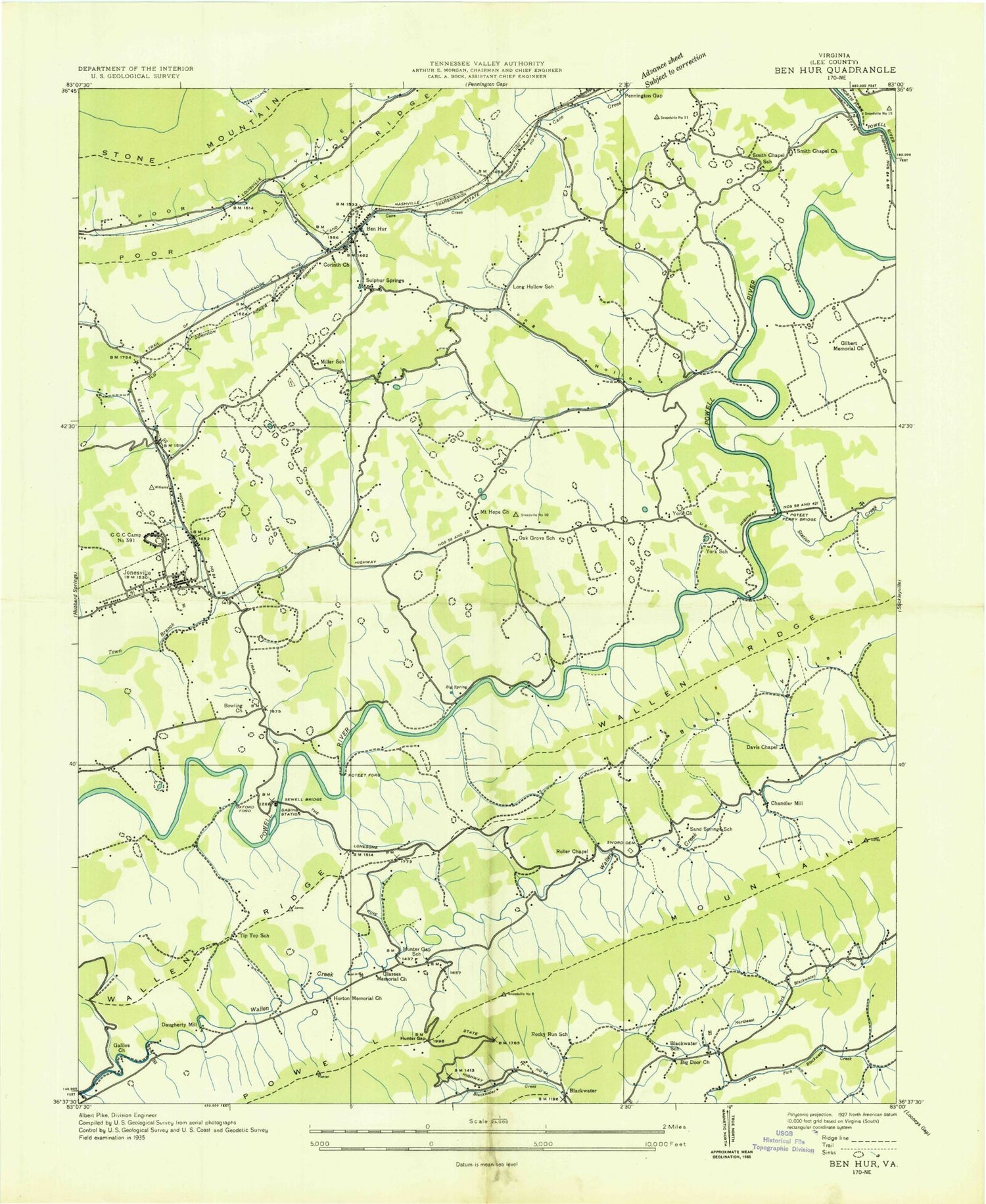 Classic USGS Ben Hur Virginia 7.5'x7.5' Topo Map Image