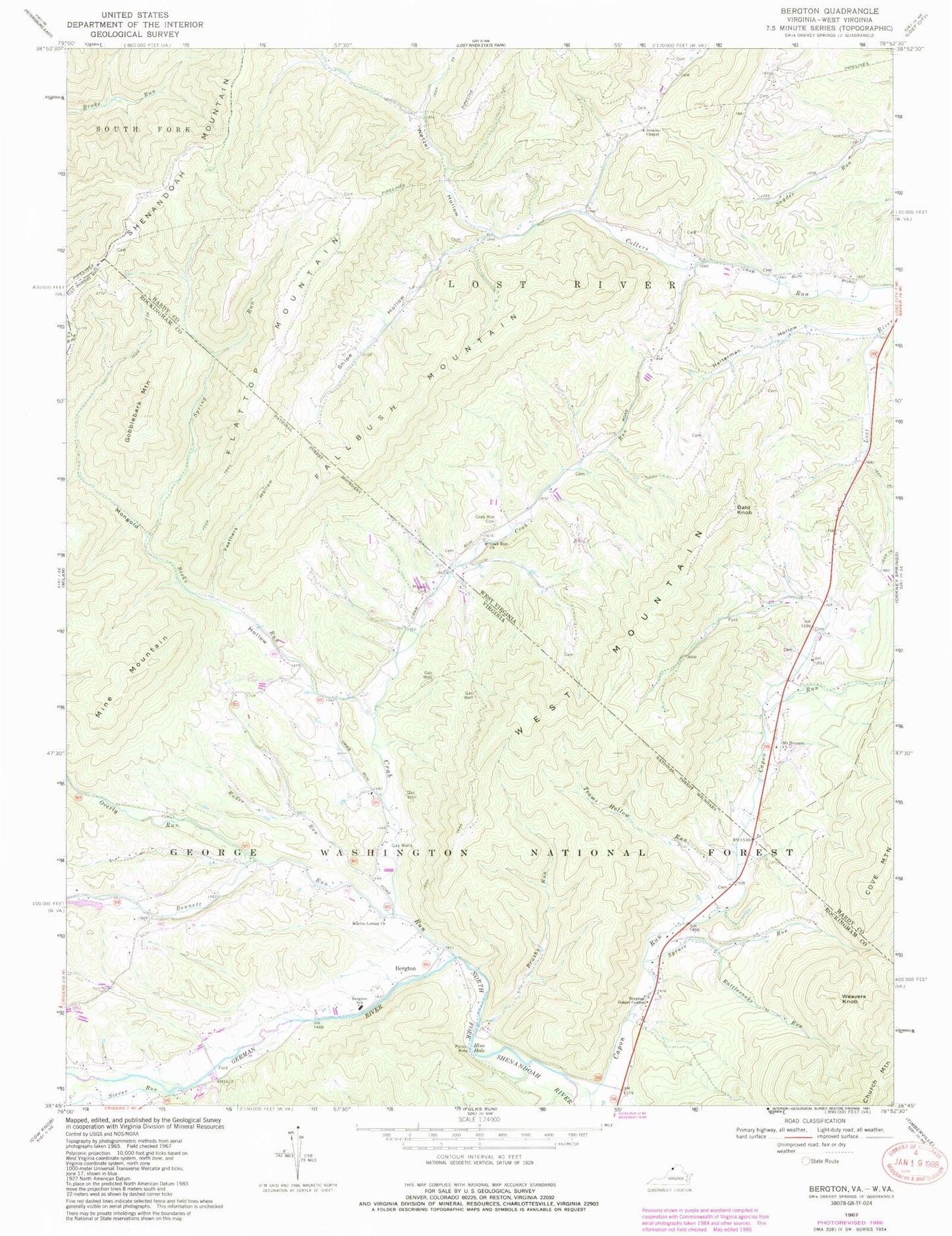 Classic USGS Bergton Virginia 7.5'x7.5' Topo Map Image