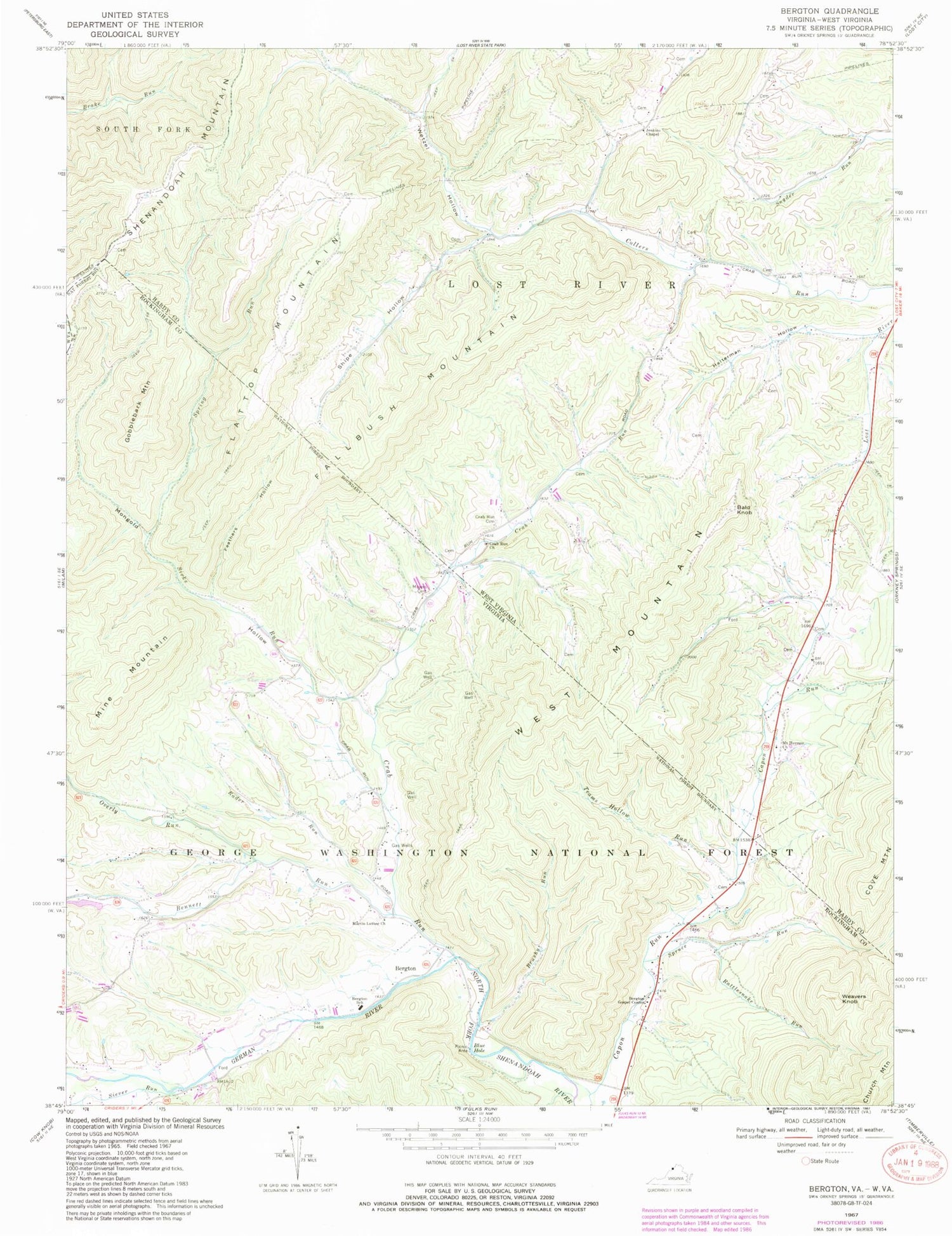 Classic USGS Bergton Virginia 7.5'x7.5' Topo Map Image