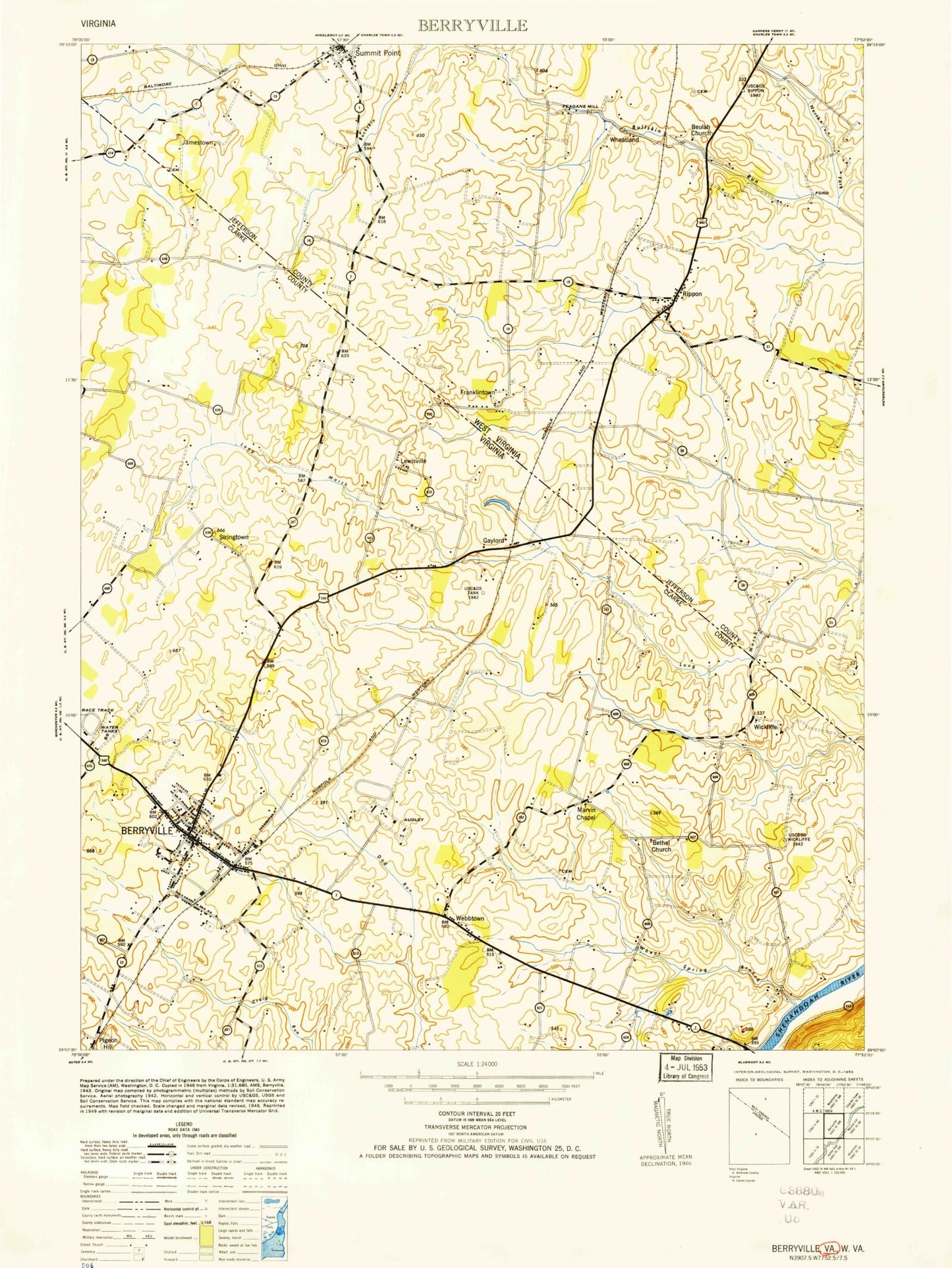 Classic USGS Berryville Virginia 7.5'x7.5' Topo Map Image