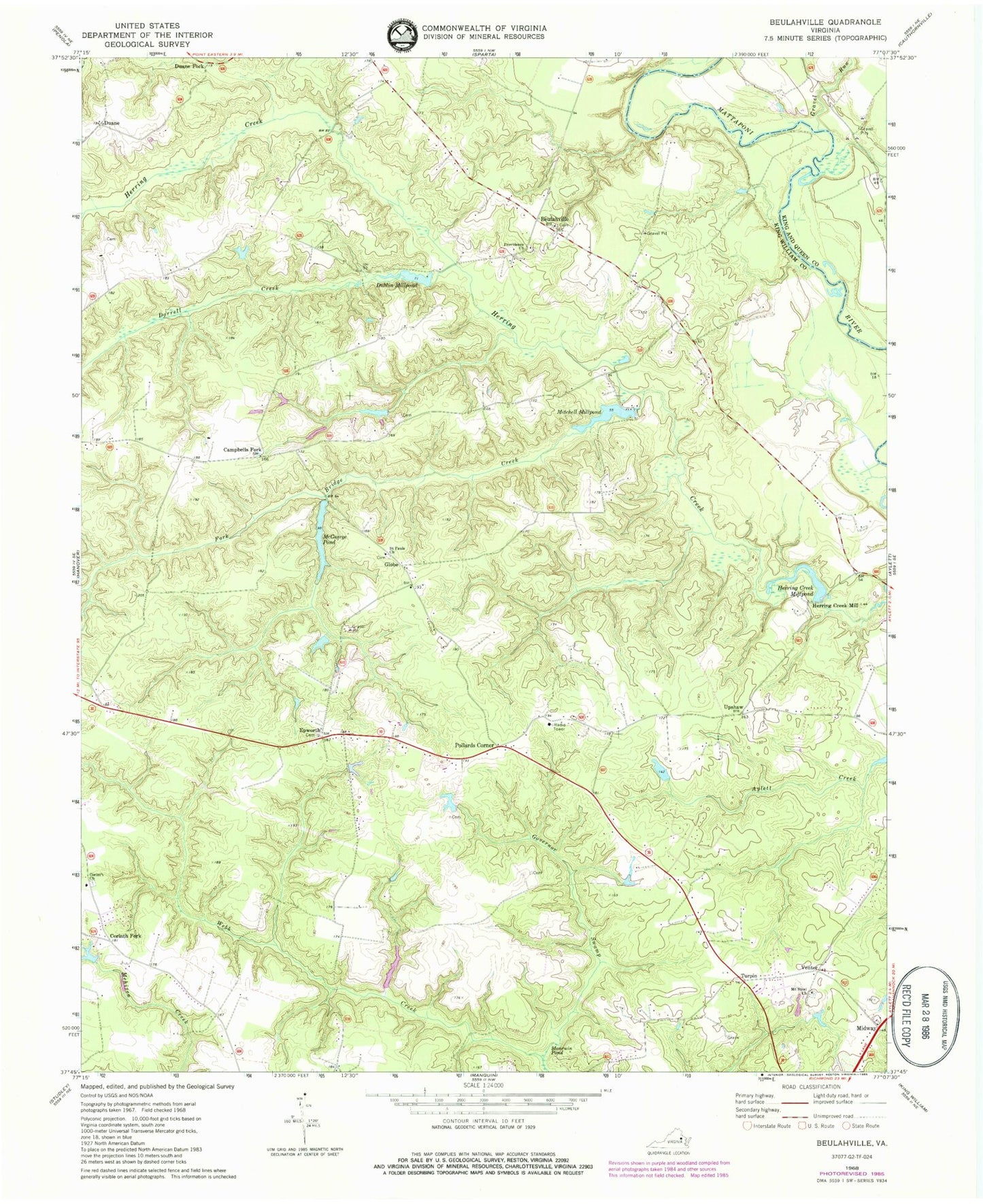 Classic USGS Beulahville Virginia 7.5'x7.5' Topo Map Image
