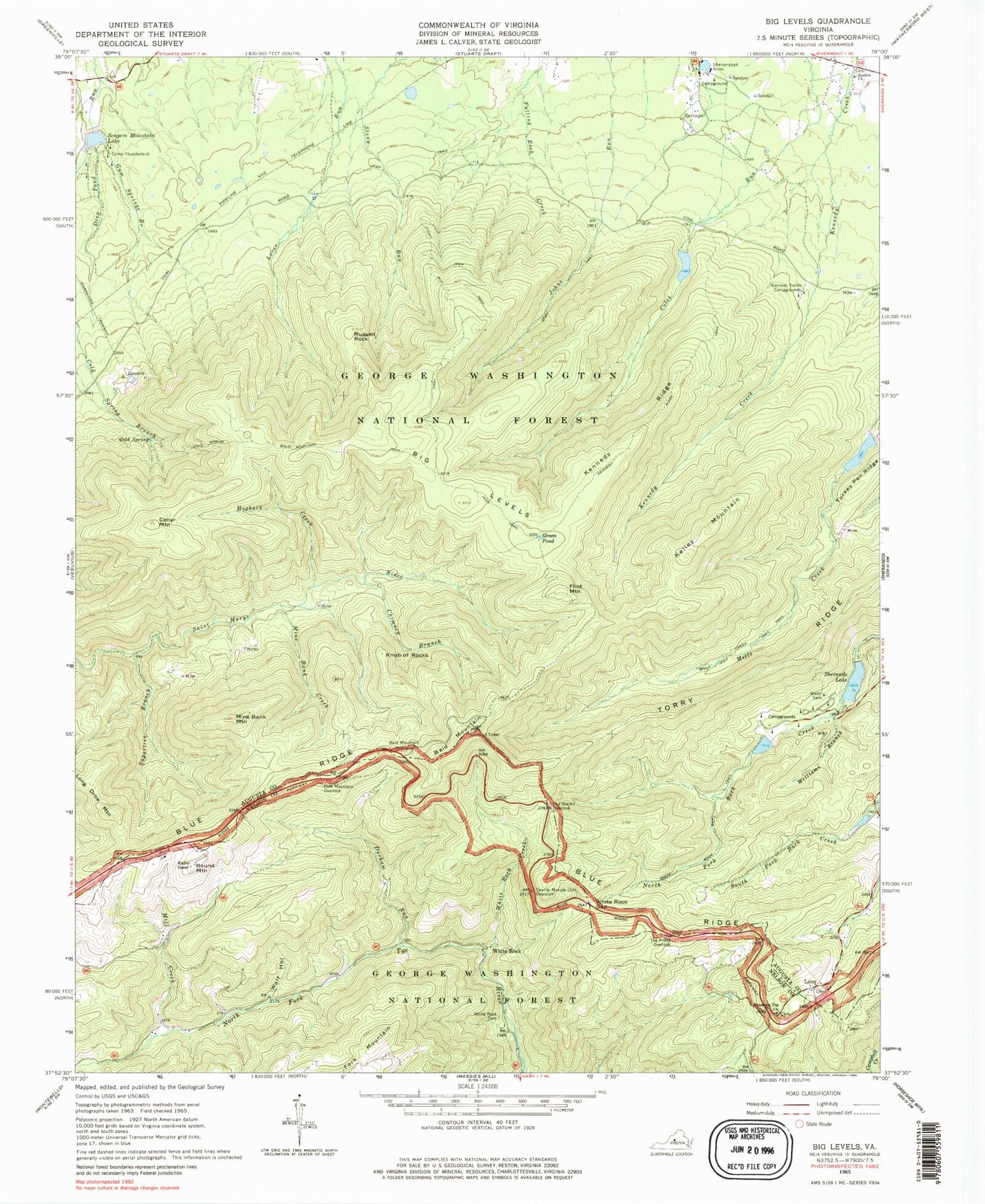 Classic USGS Big Levels Virginia 7.5'x7.5' Topo Map Image