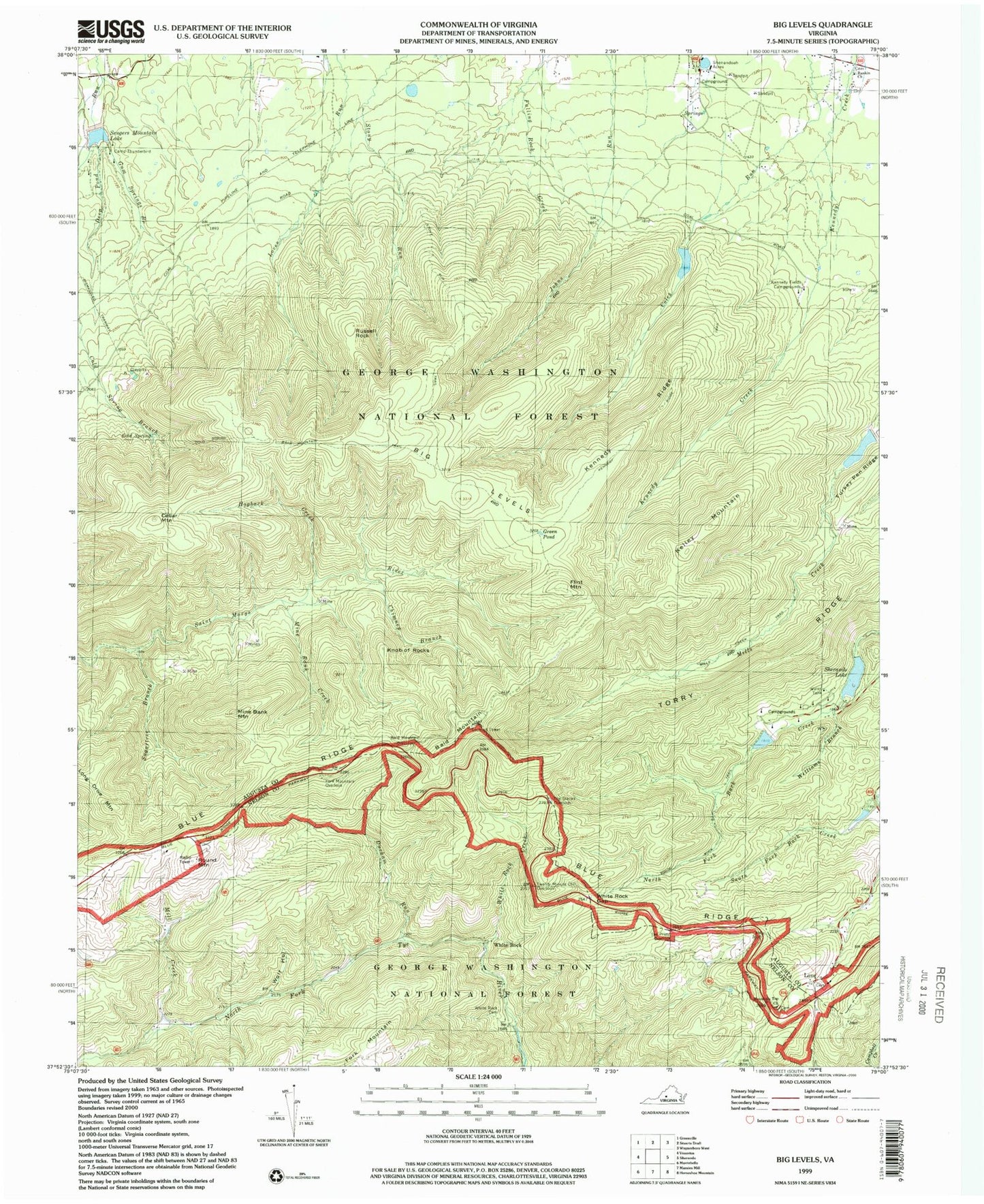 Classic USGS Big Levels Virginia 7.5'x7.5' Topo Map Image