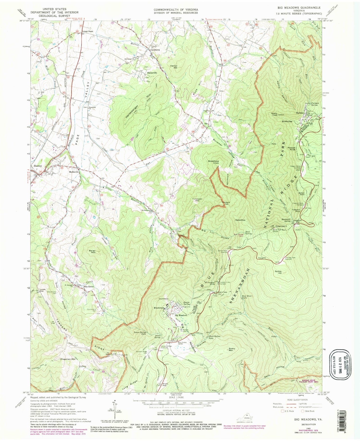 Classic USGS Big Meadows Virginia 7.5'x7.5' Topo Map Image