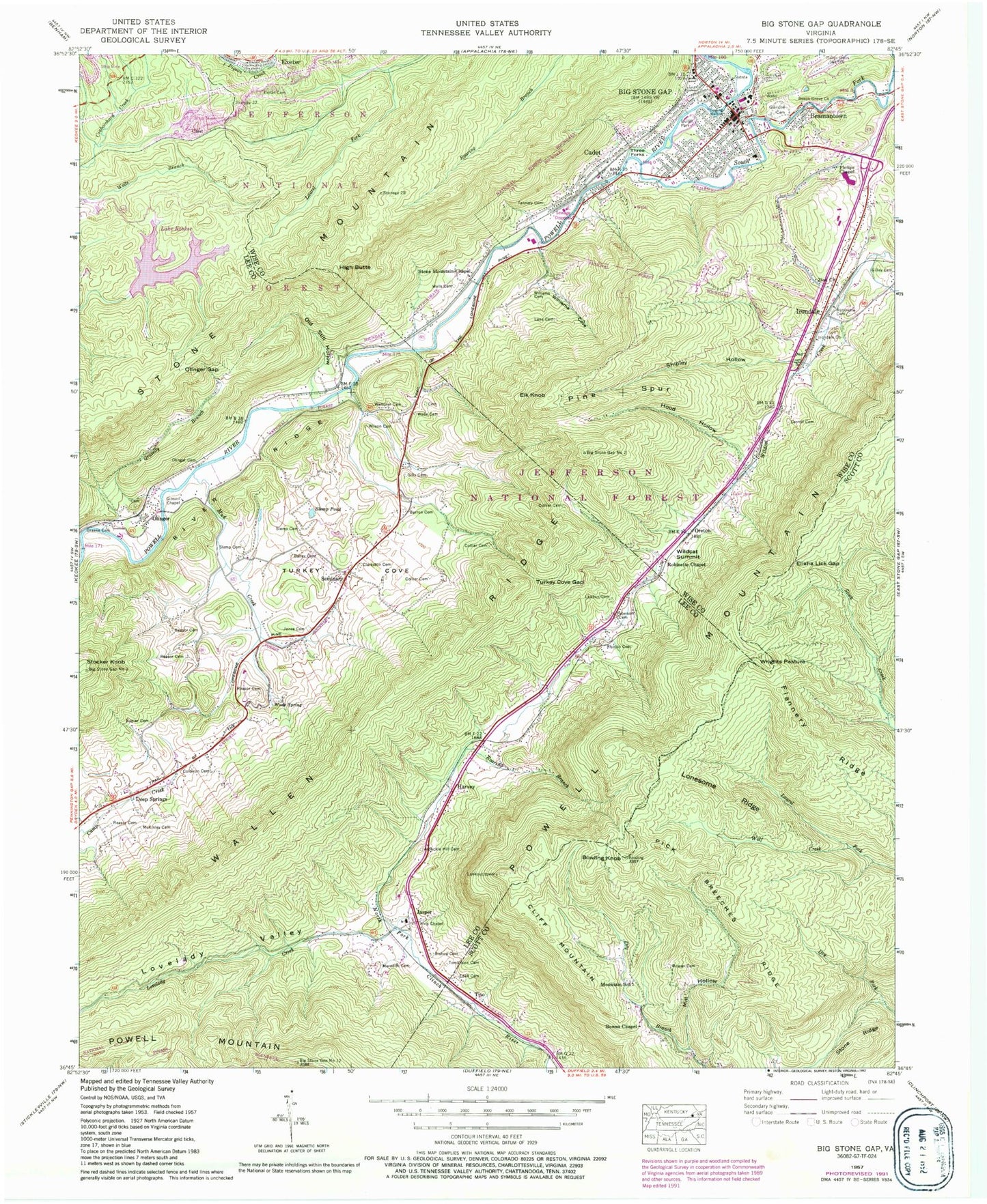 Classic USGS Big Stone Gap Virginia 7.5'x7.5' Topo Map Image