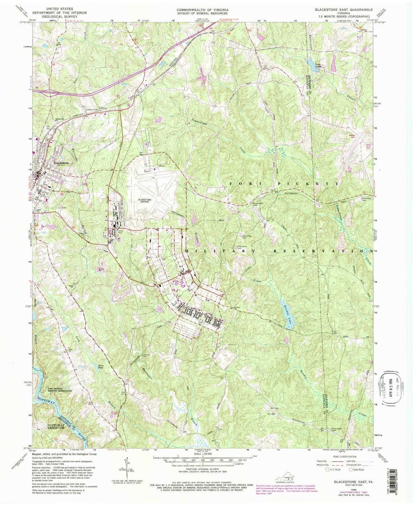 Classic USGS Blackstone East Virginia 7.5'x7.5' Topo Map Image