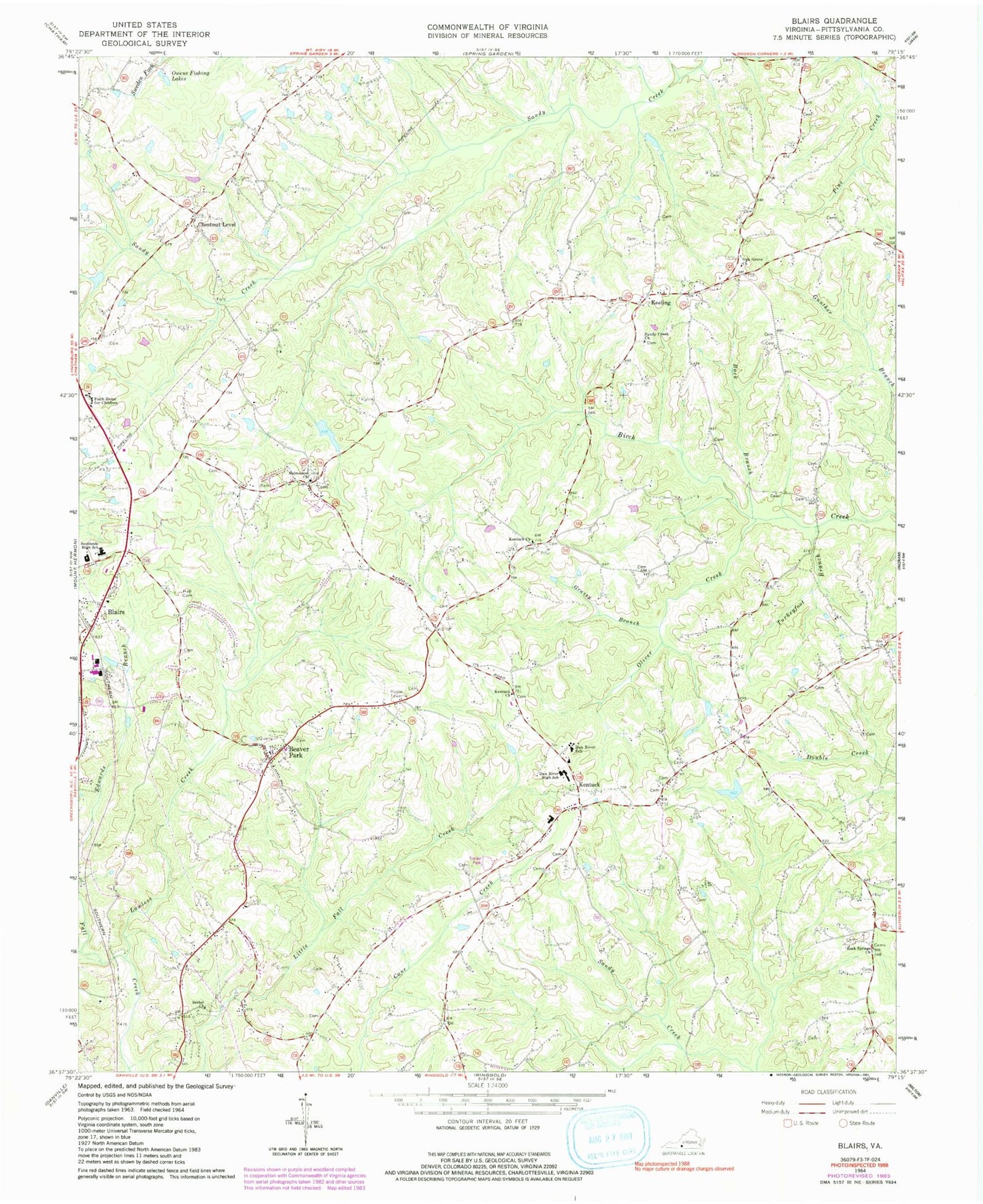 Classic USGS Blairs Virginia 7.5'x7.5' Topo Map Image