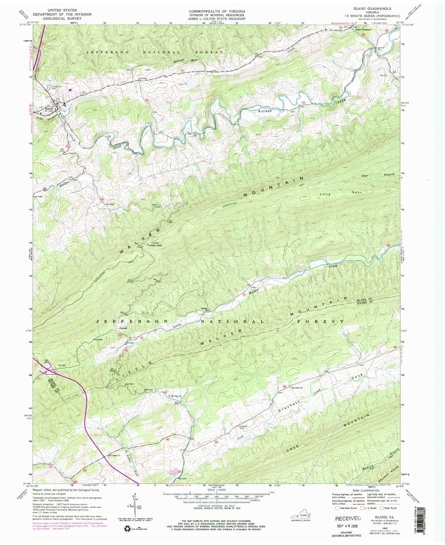 Classic USGS Bland Virginia 7.5'x7.5' Topo Map Image