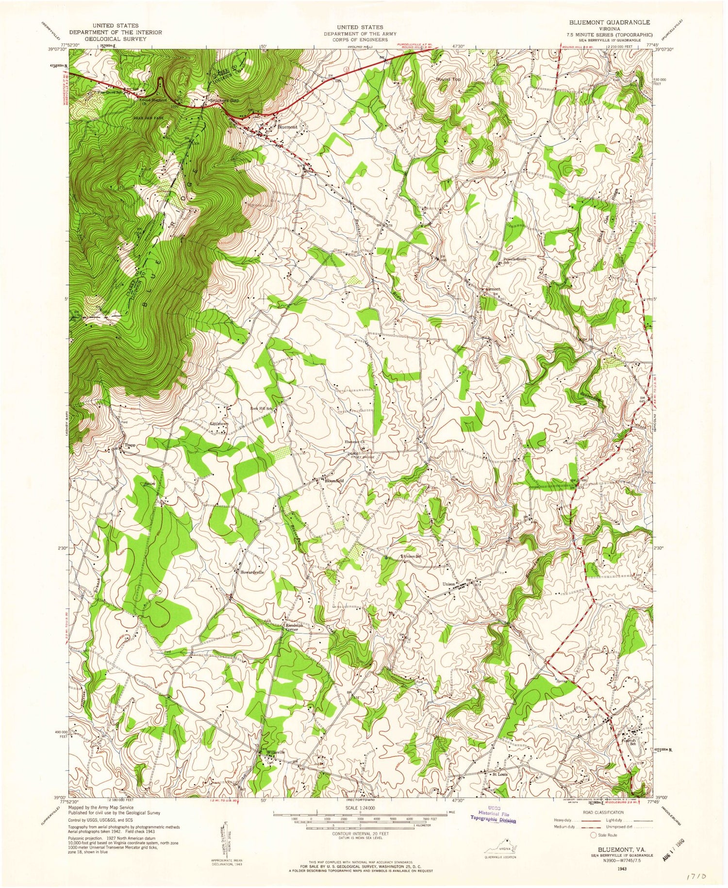 Classic USGS Bluemont Virginia 7.5'x7.5' Topo Map Image