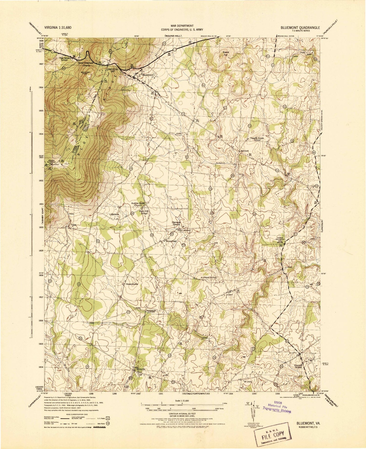 Classic USGS Bluemont Virginia 7.5'x7.5' Topo Map Image