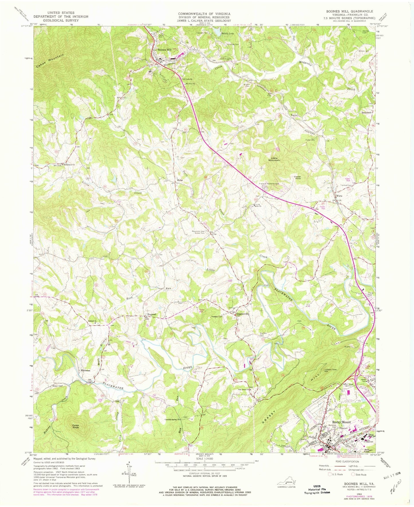 Classic USGS Boones Mill Virginia 7.5'x7.5' Topo Map Image
