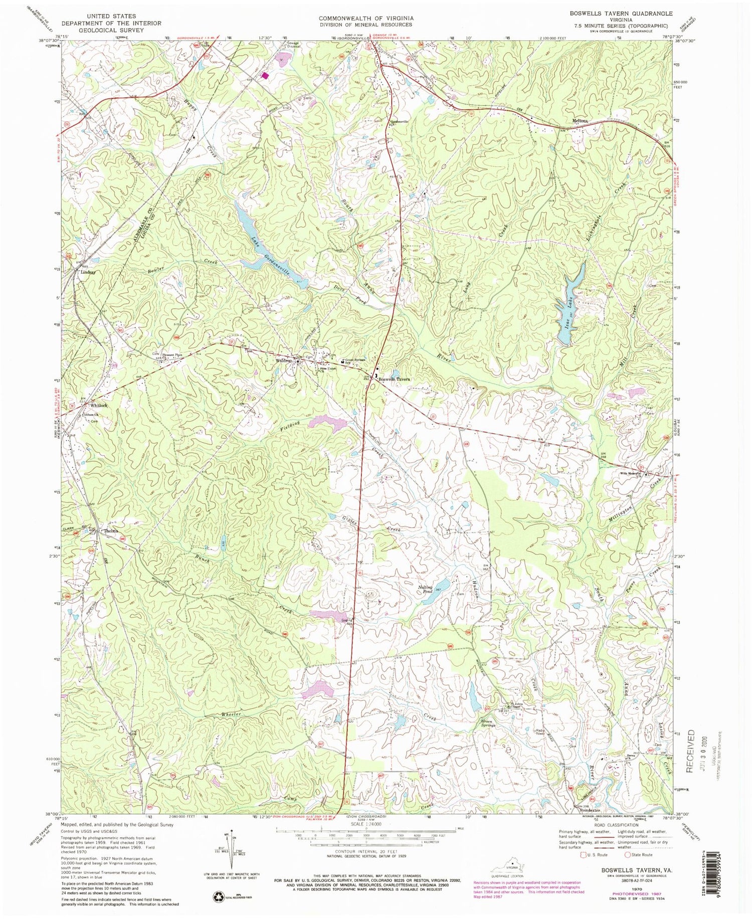 Classic USGS Boswells Tavern Virginia 7.5'x7.5' Topo Map Image
