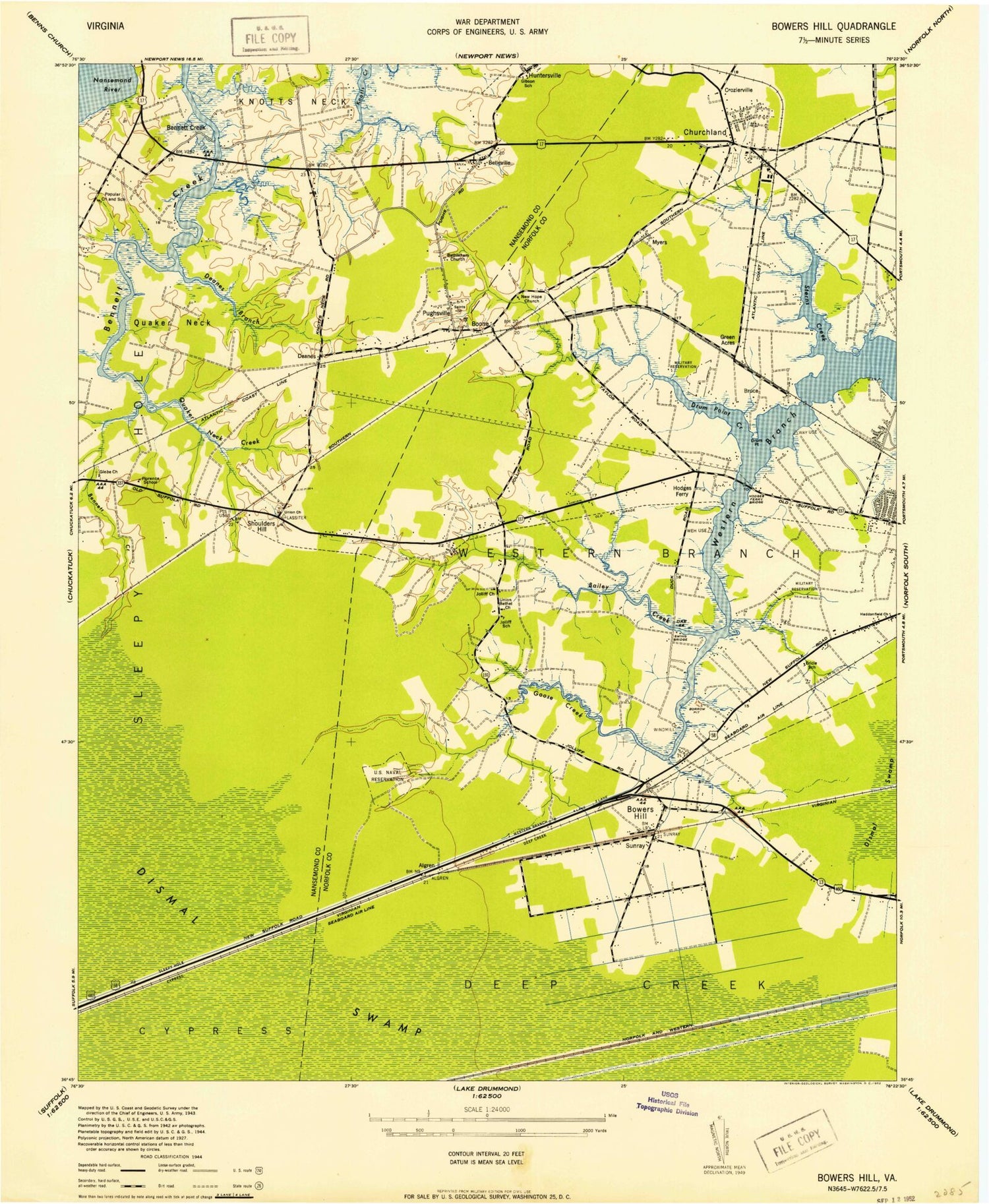 Classic USGS Bowers Hill Virginia 7.5'x7.5' Topo Map Image