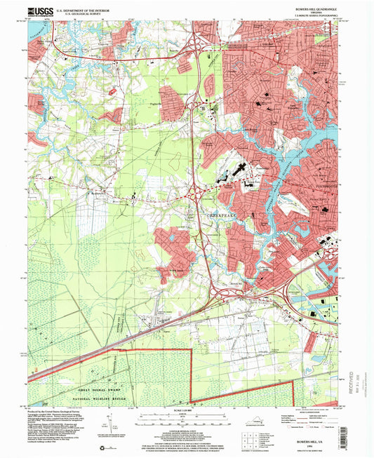 Classic USGS Bowers Hill Virginia 7.5'x7.5' Topo Map Image