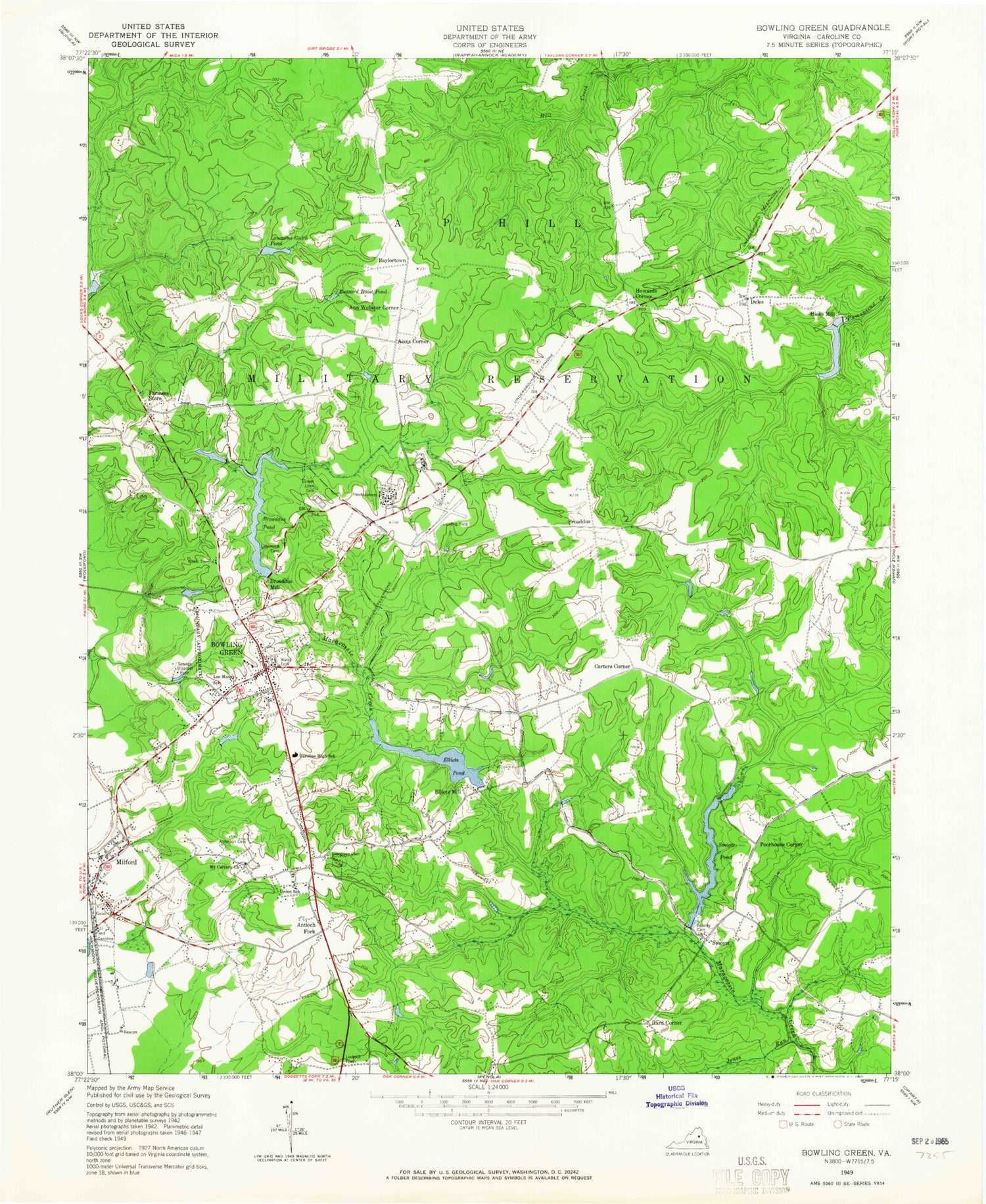 Classic USGS Bowling Green Virginia 7.5'x7.5' Topo Map Image