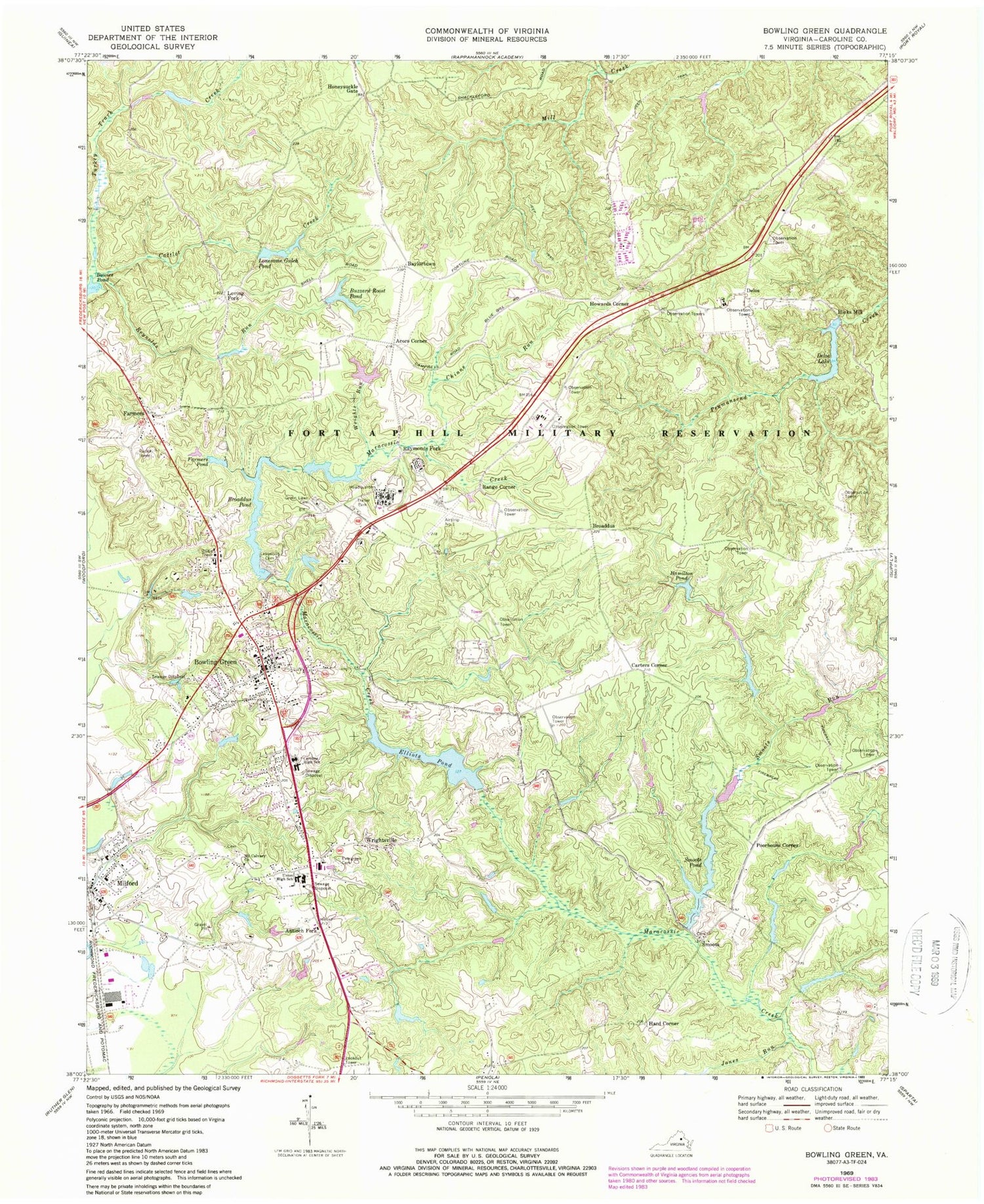 Classic USGS Bowling Green Virginia 7.5'x7.5' Topo Map Image