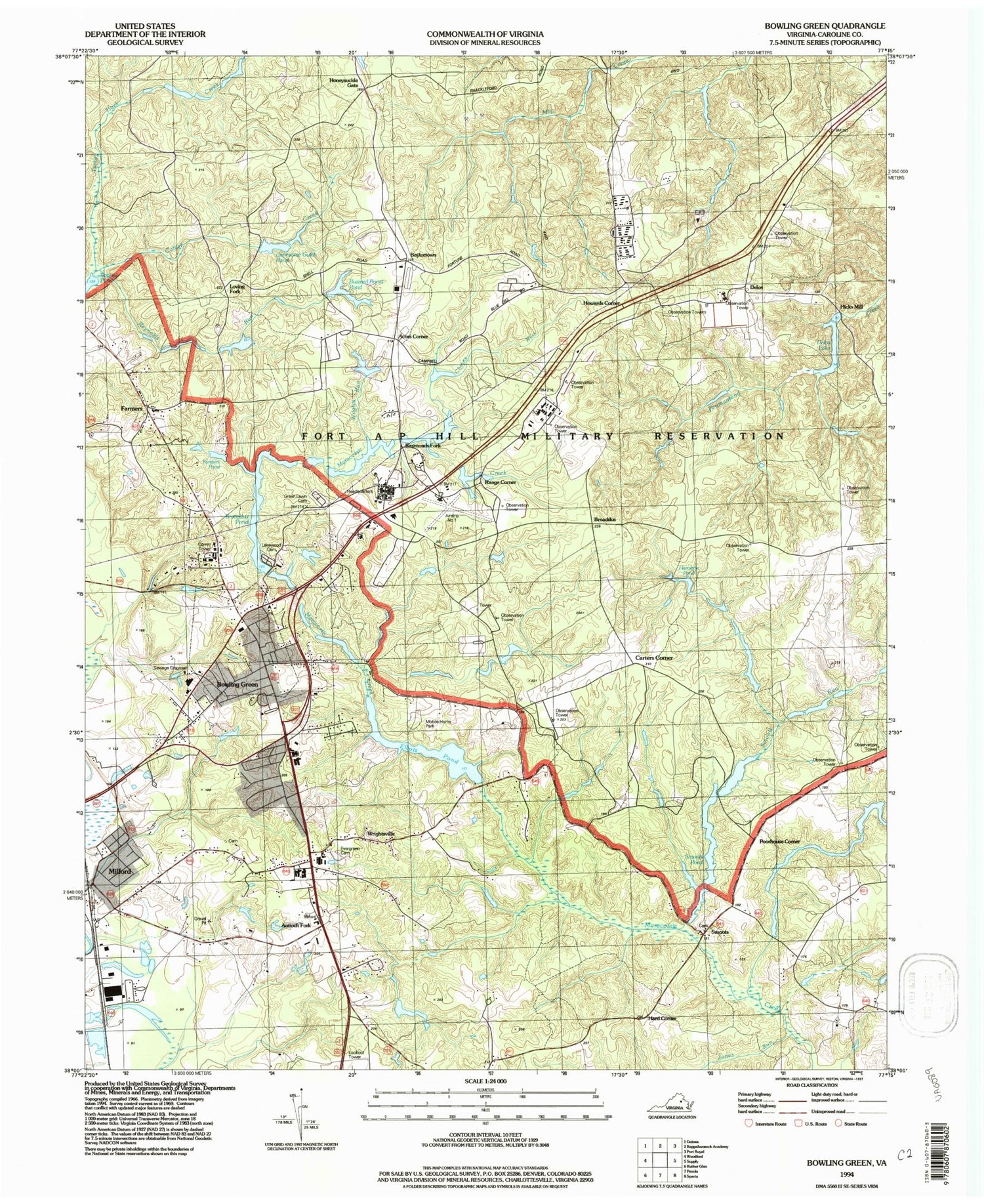 Classic USGS Bowling Green Virginia 7.5'x7.5' Topo Map Image