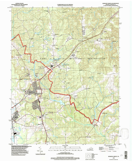 Classic USGS Bowling Green Virginia 7.5'x7.5' Topo Map Image