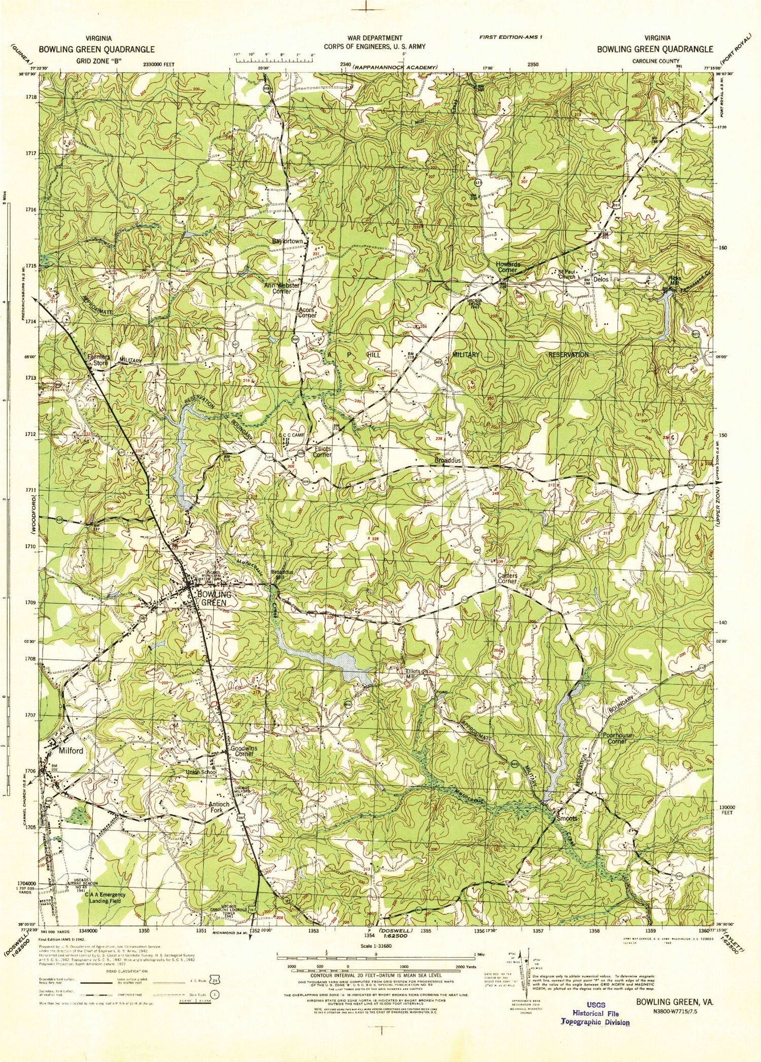 Classic USGS Bowling Green Virginia 7.5'x7.5' Topo Map Image
