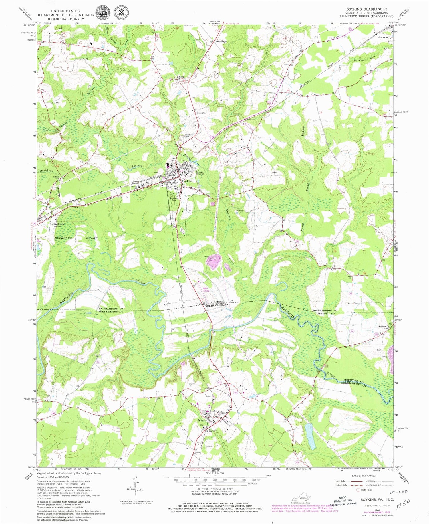 Classic USGS Boykins Virginia 7.5'x7.5' Topo Map Image