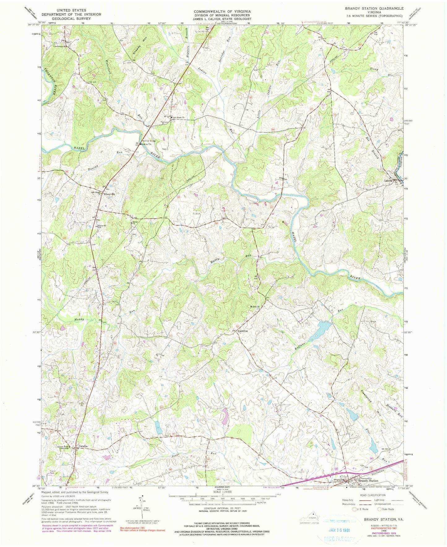 Classic USGS Brandy Station Virginia 7.5'x7.5' Topo Map Image