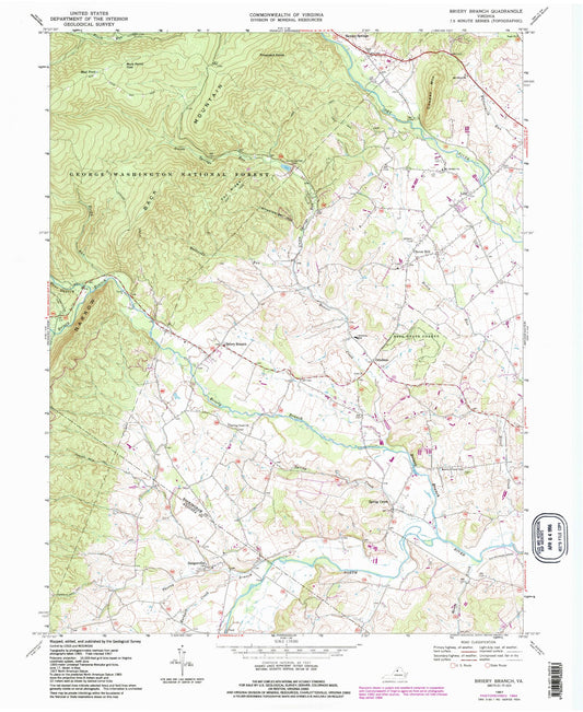 Classic USGS Briery Branch Virginia 7.5'x7.5' Topo Map Image