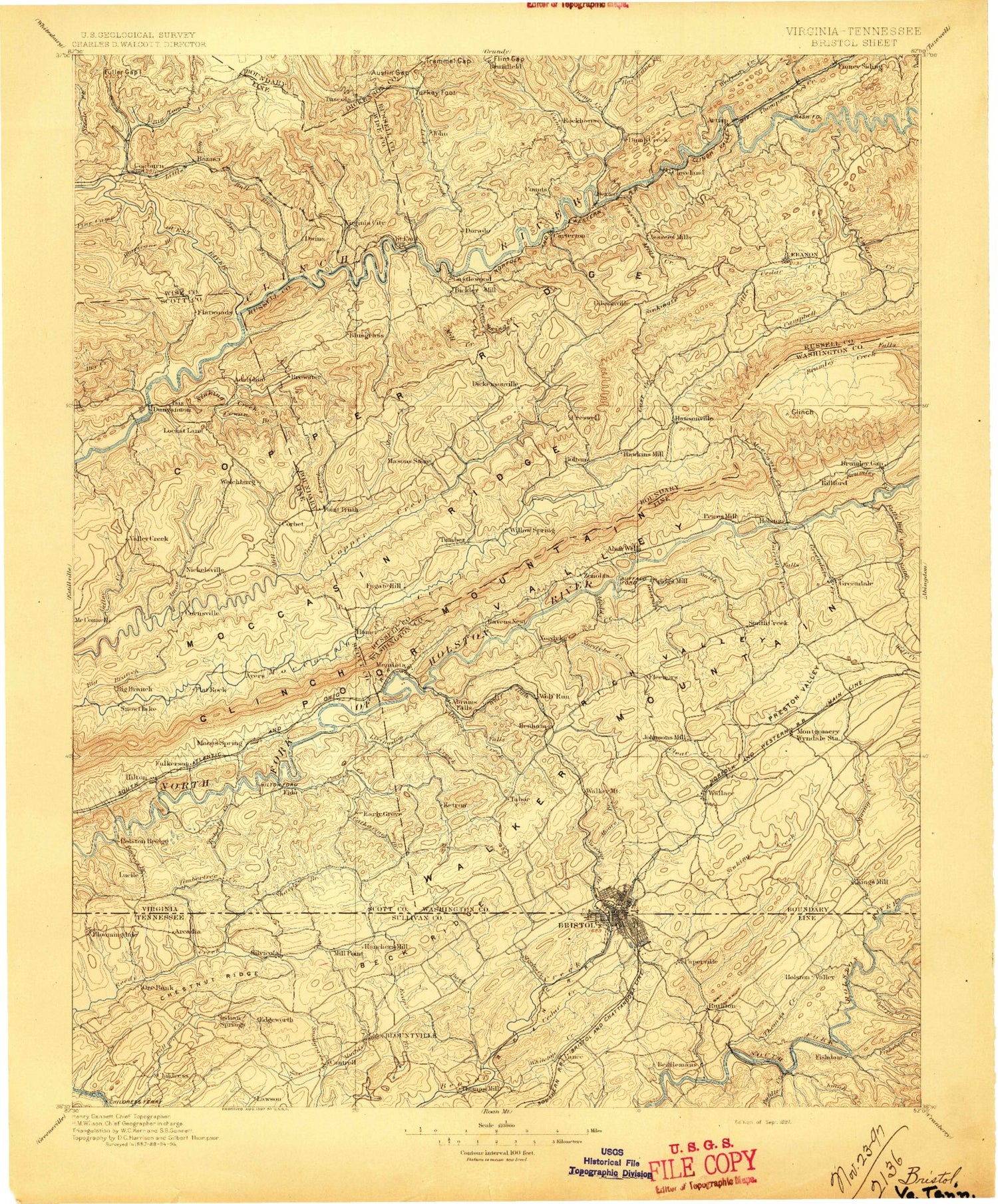 Historic 1897 Bristol Virginia 30'x30' Topo Map Image