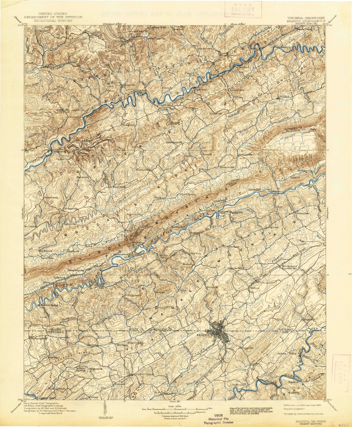 Historic 1902 Bristol Virginia 30'x30' Topo Map Image