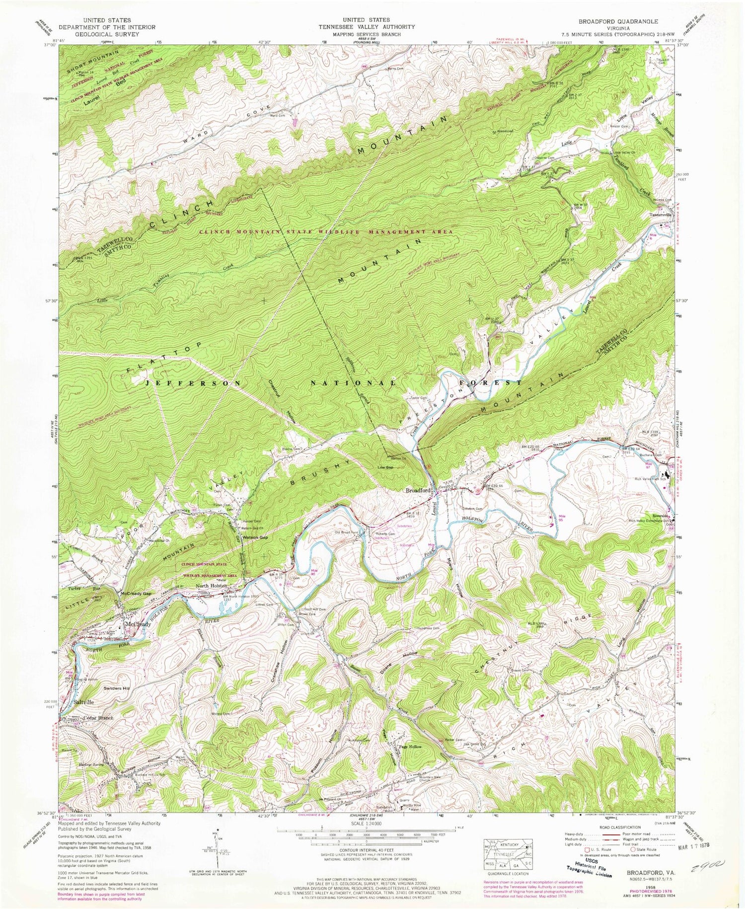 Classic USGS Broadford Virginia 7.5'x7.5' Topo Map Image