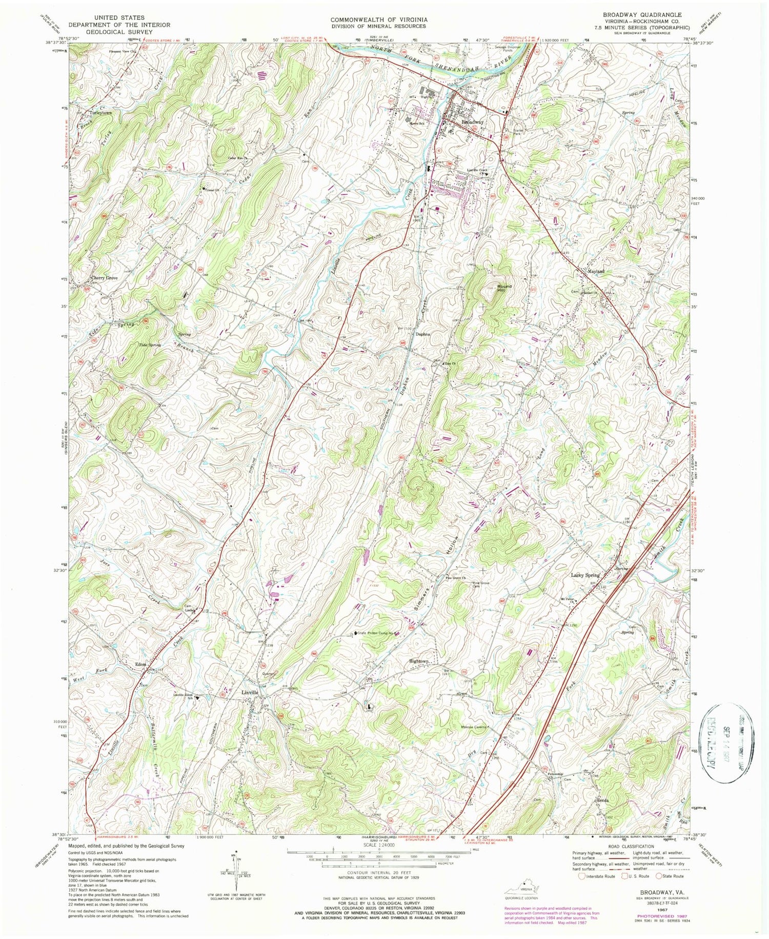 Classic USGS Broadway Virginia 7.5'x7.5' Topo Map Image