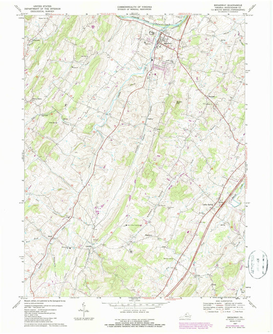 Classic USGS Broadway Virginia 7.5'x7.5' Topo Map Image