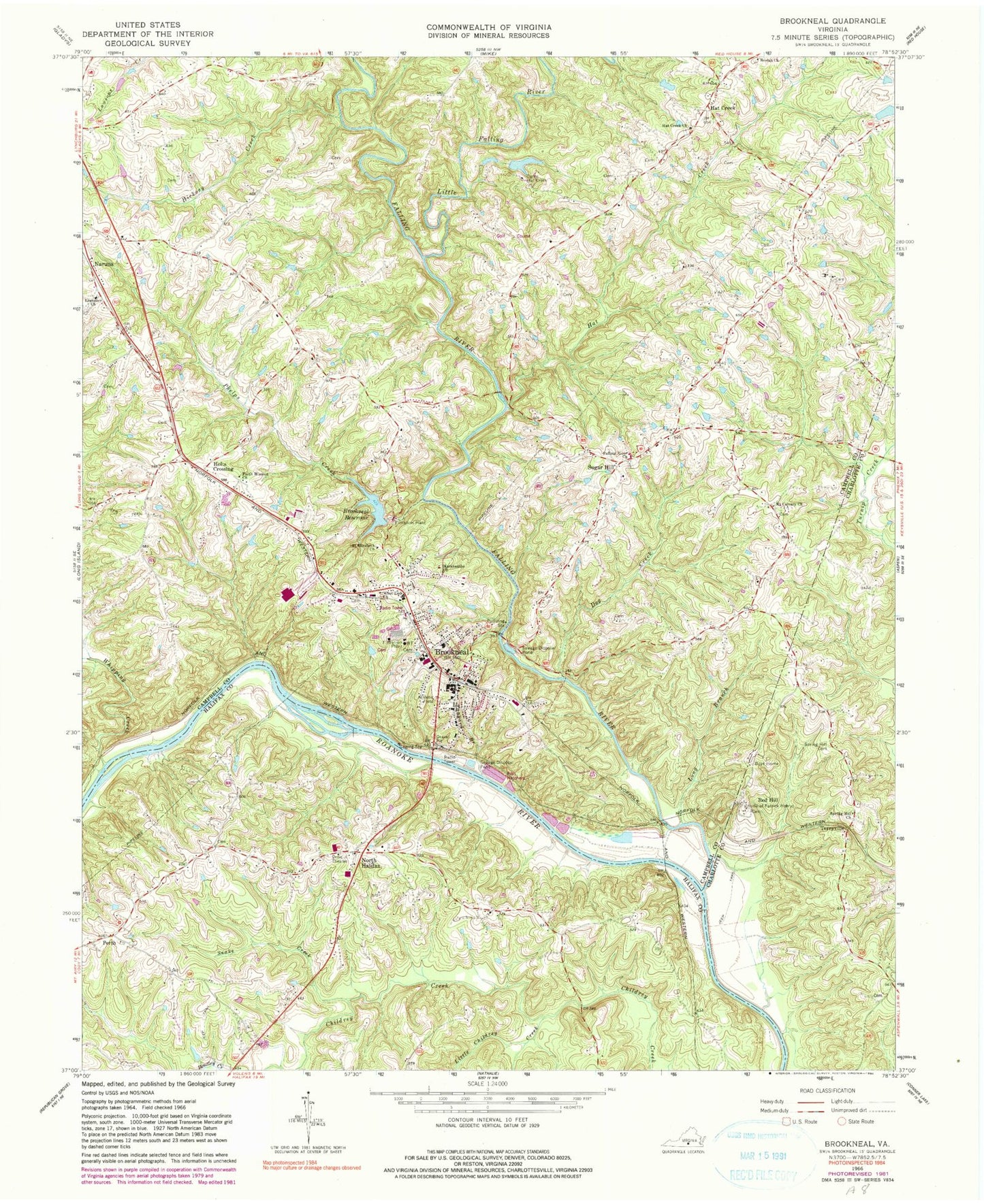 Classic USGS Brookneal Virginia 7.5'x7.5' Topo Map Image