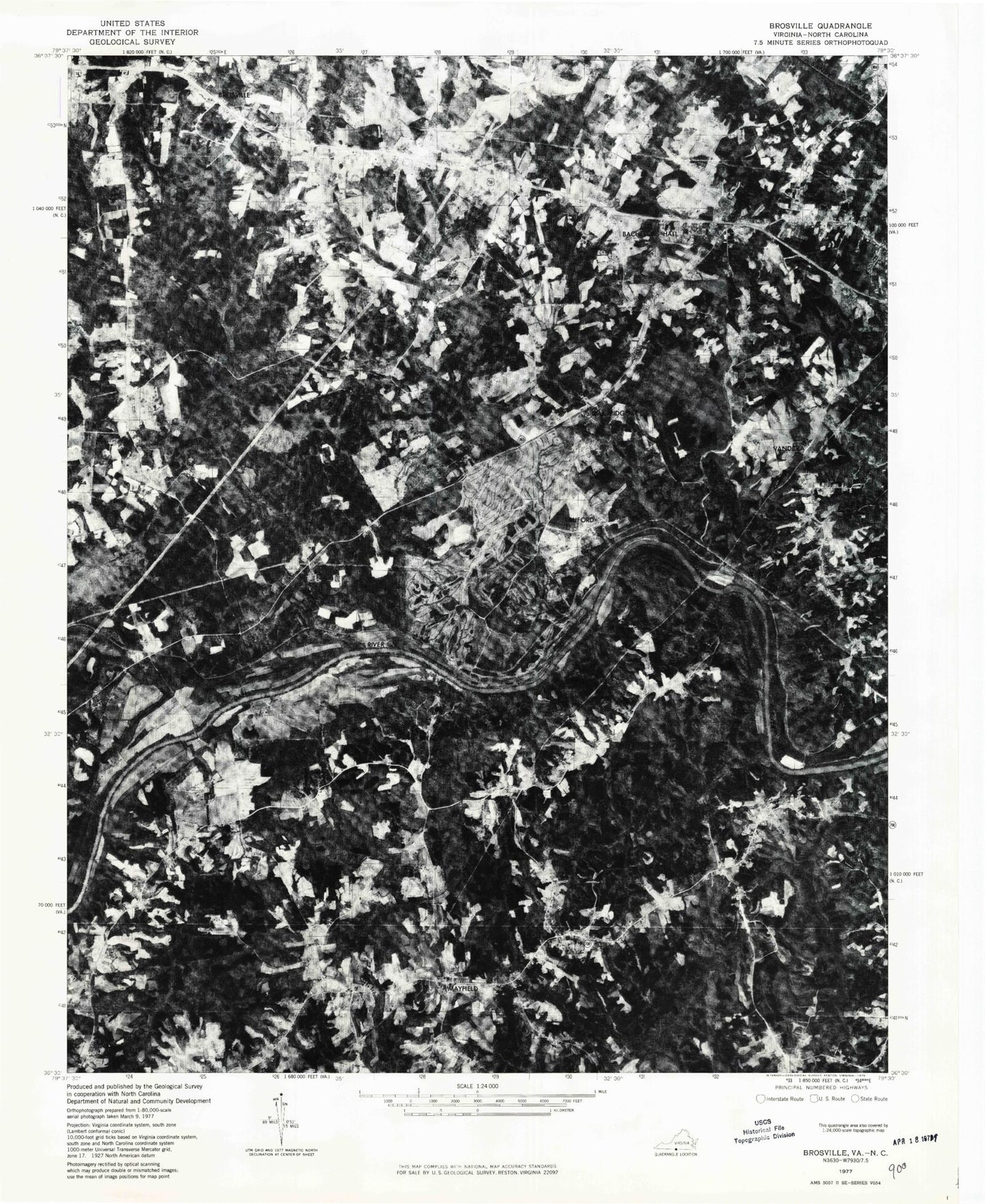 Classic USGS Brosville Virginia 7.5'x7.5' Topo Map Image