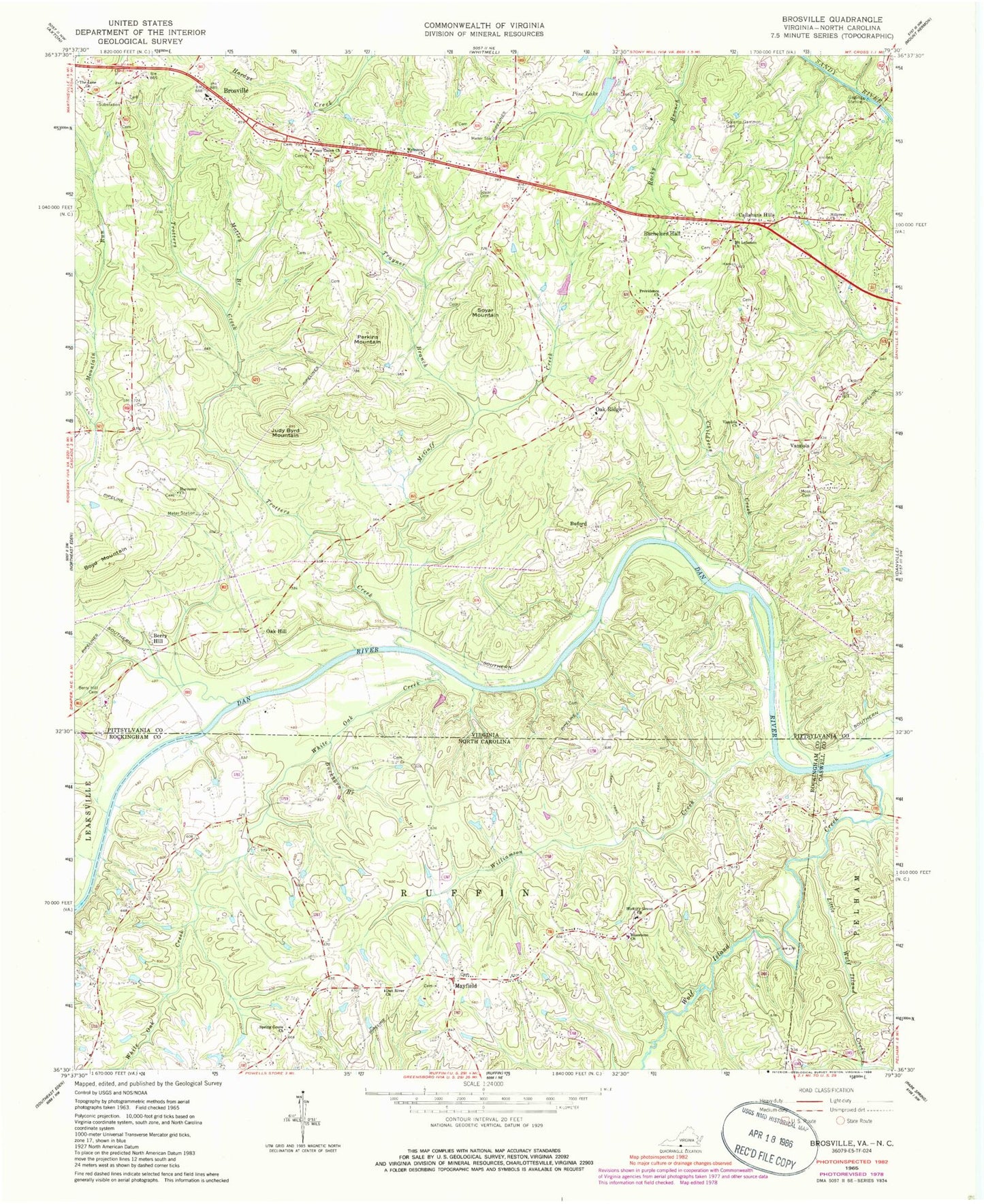 Classic USGS Brosville Virginia 7.5'x7.5' Topo Map Image