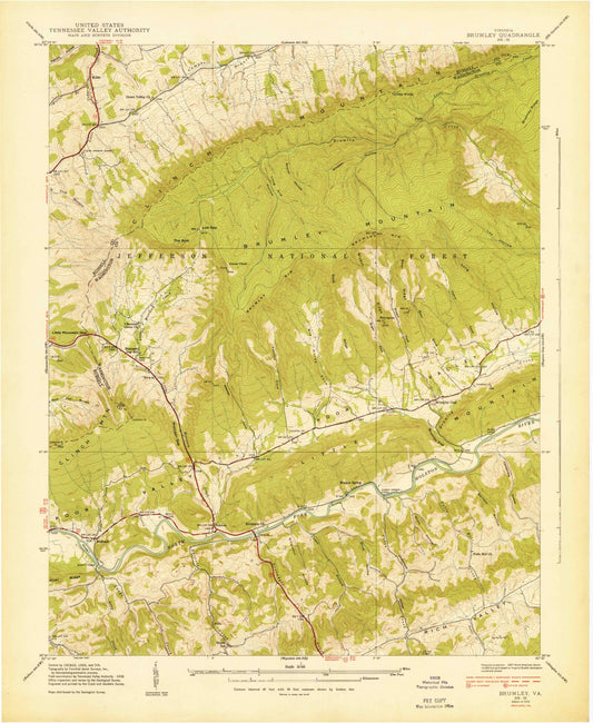 Classic USGS Brumley Virginia 7.5'x7.5' Topo Map Image