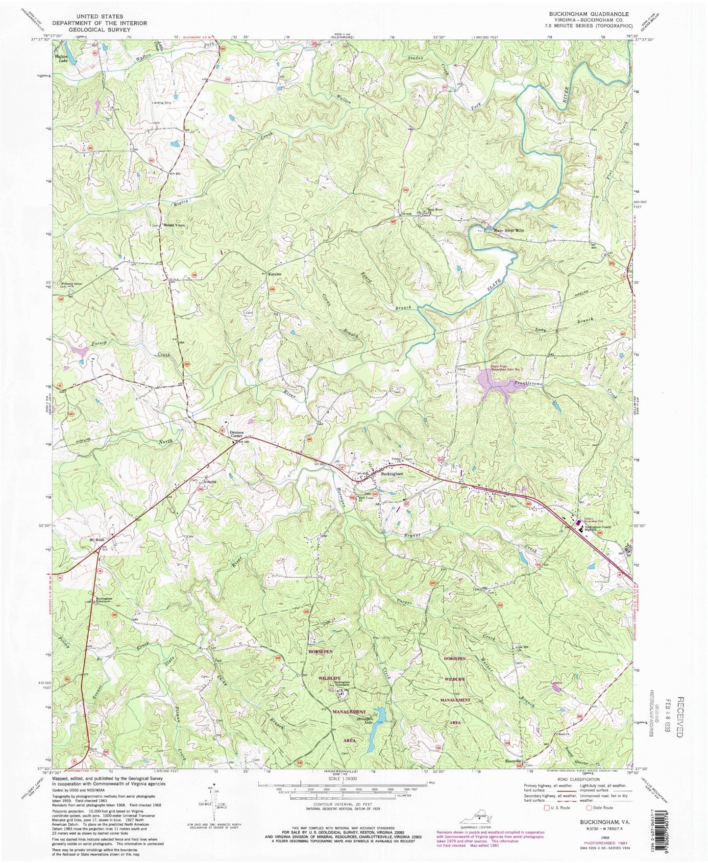 Classic USGS Buckingham Virginia 7.5'x7.5' Topo Map Image