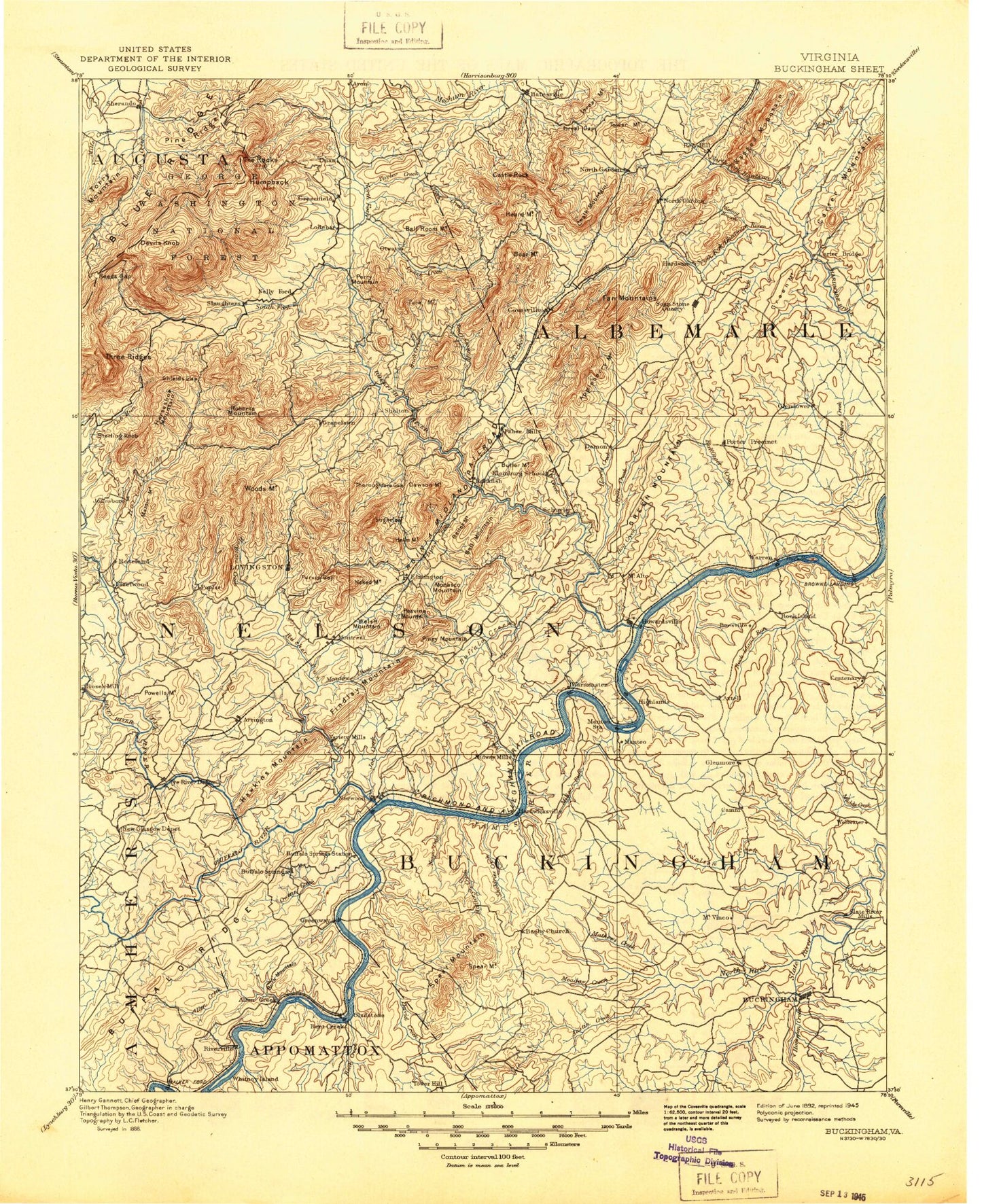 Historic 1892 Buckingham Virginia 30'x30' Topo Map Image