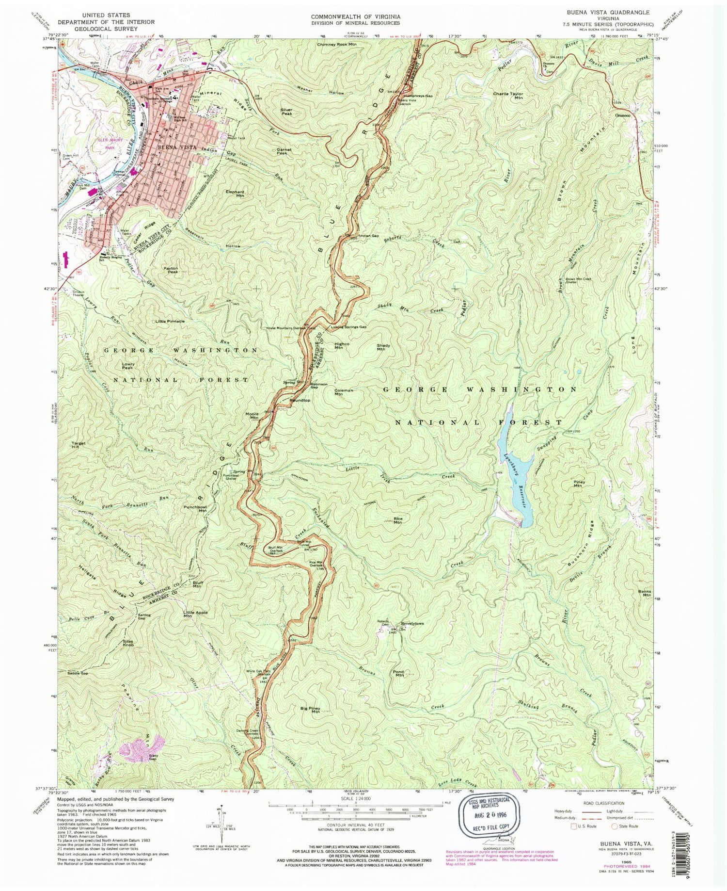 Classic USGS Buena Vista Virginia 7.5'x7.5' Topo Map Image