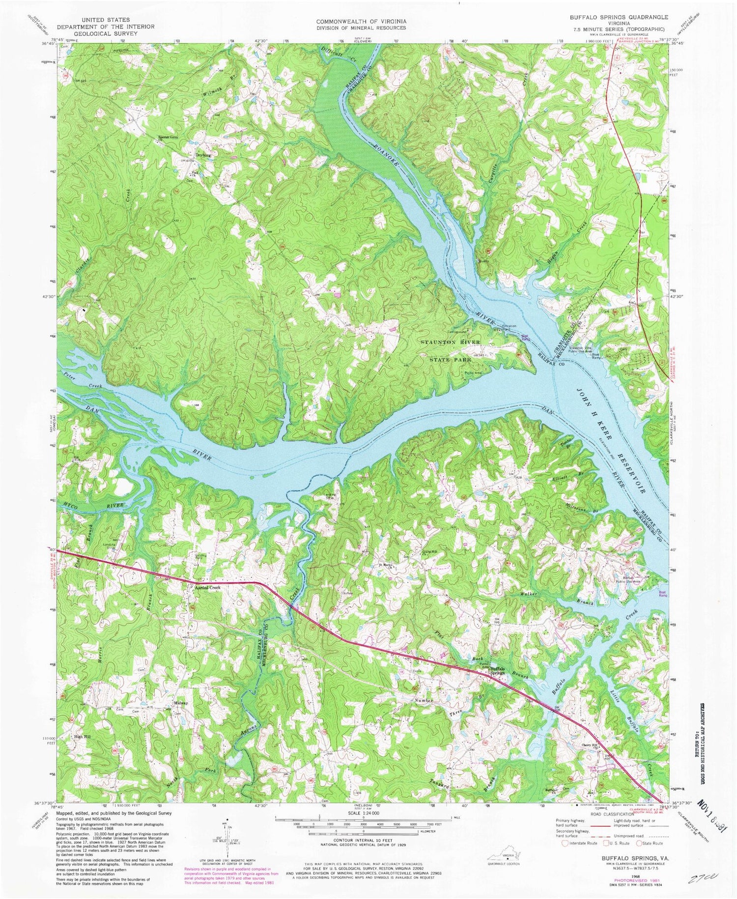 Classic USGS Buffalo Springs Virginia 7.5'x7.5' Topo Map Image