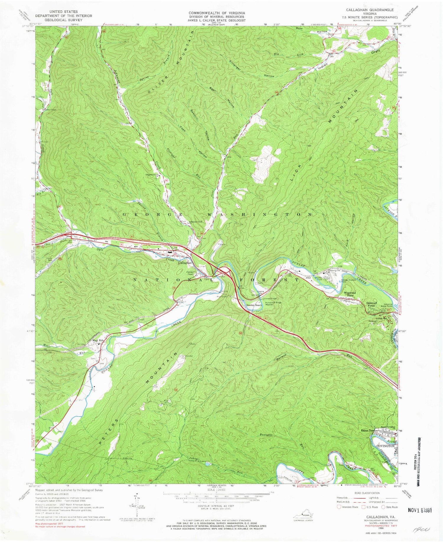 Classic USGS Callaghan Virginia 7.5'x7.5' Topo Map Image