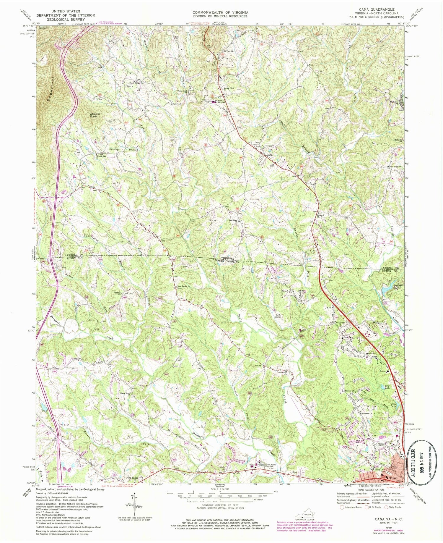 Classic USGS Cana Virginia 7.5'x7.5' Topo Map Image