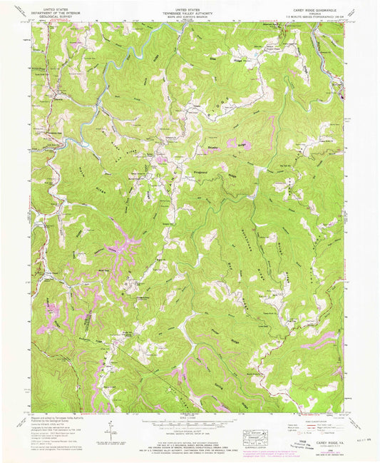 Classic USGS Caney Ridge Virginia 7.5'x7.5' Topo Map Image
