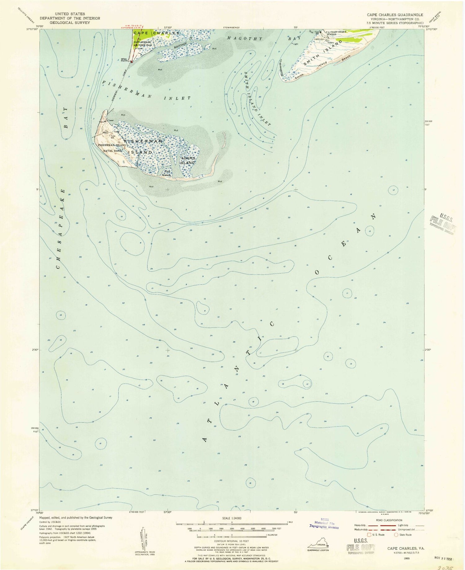 Classic USGS Cape Charles Virginia 7.5'x7.5' Topo Map Image