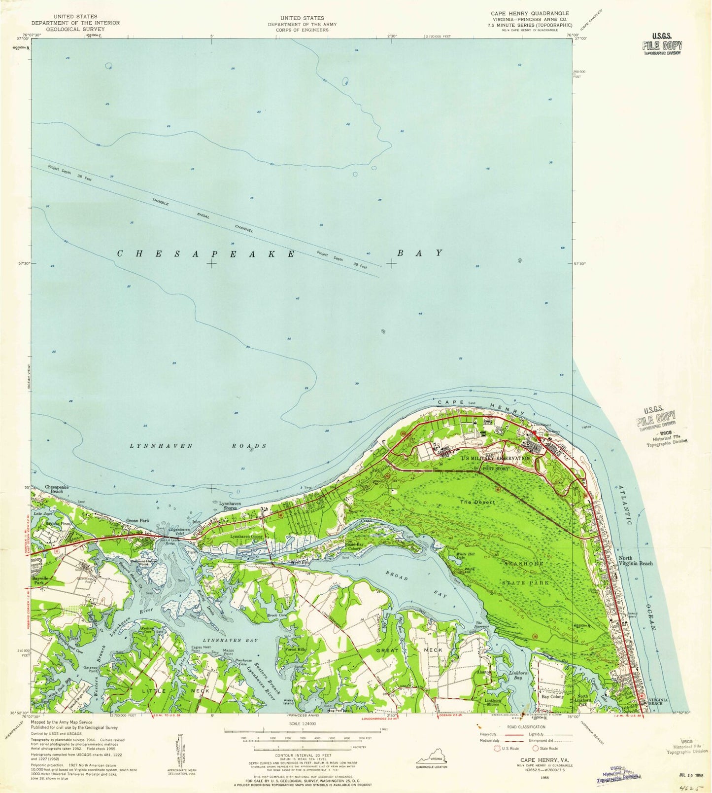 Classic USGS Cape Henry Virginia 7.5'x7.5' Topo Map Image