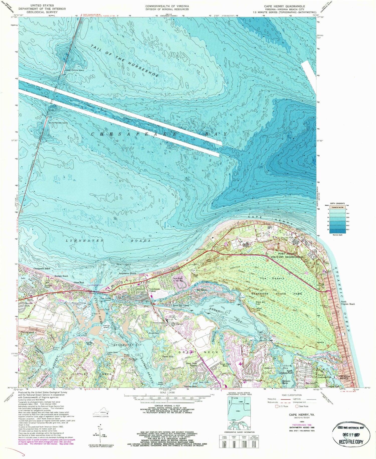 Classic USGS Cape Henry Virginia 7.5'x7.5' Topo Map Image