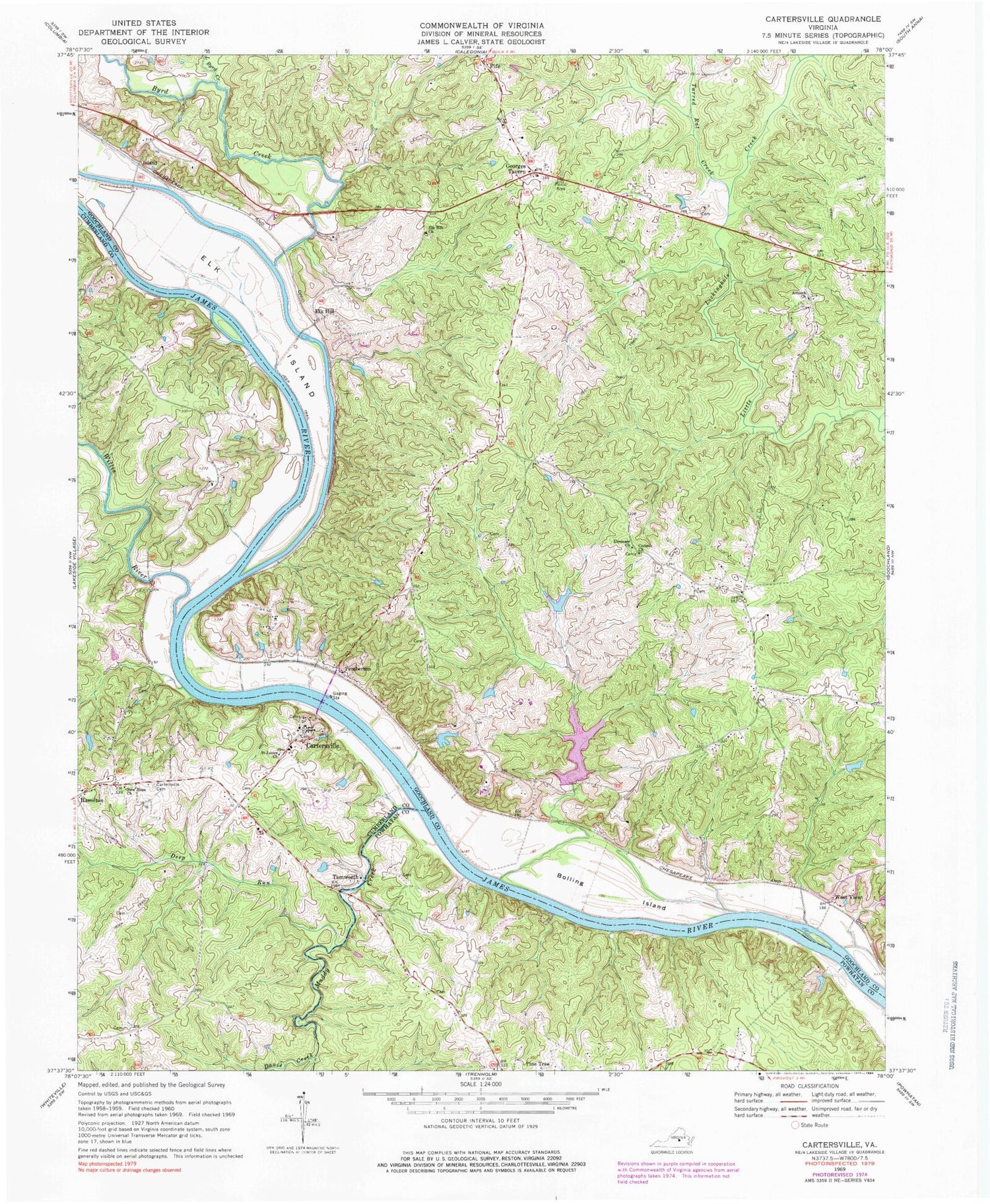 Classic USGS Cartersville Virginia 7.5'x7.5' Topo Map