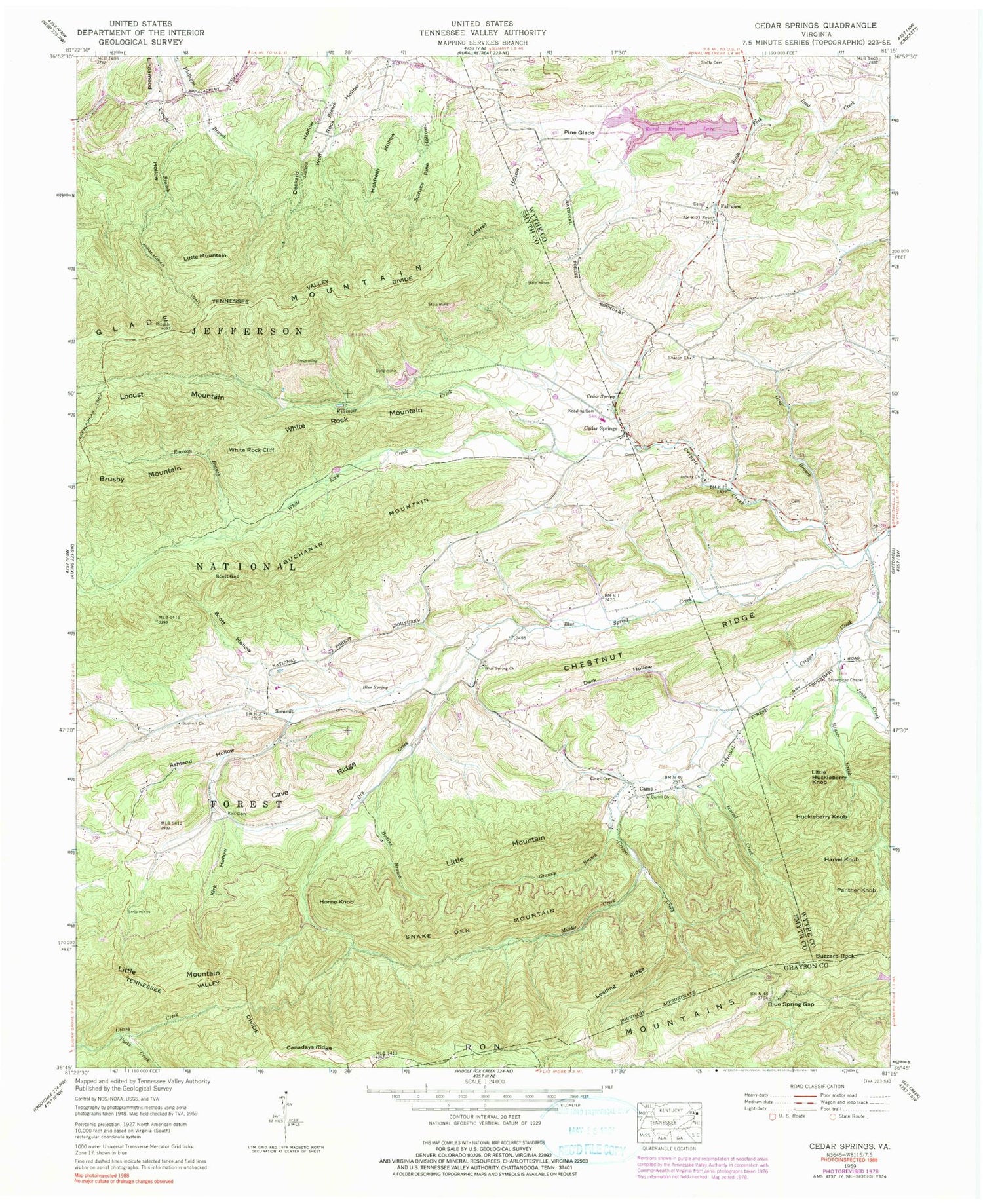 Classic USGS Cedar Springs Virginia 7.5'x7.5' Topo Map Image