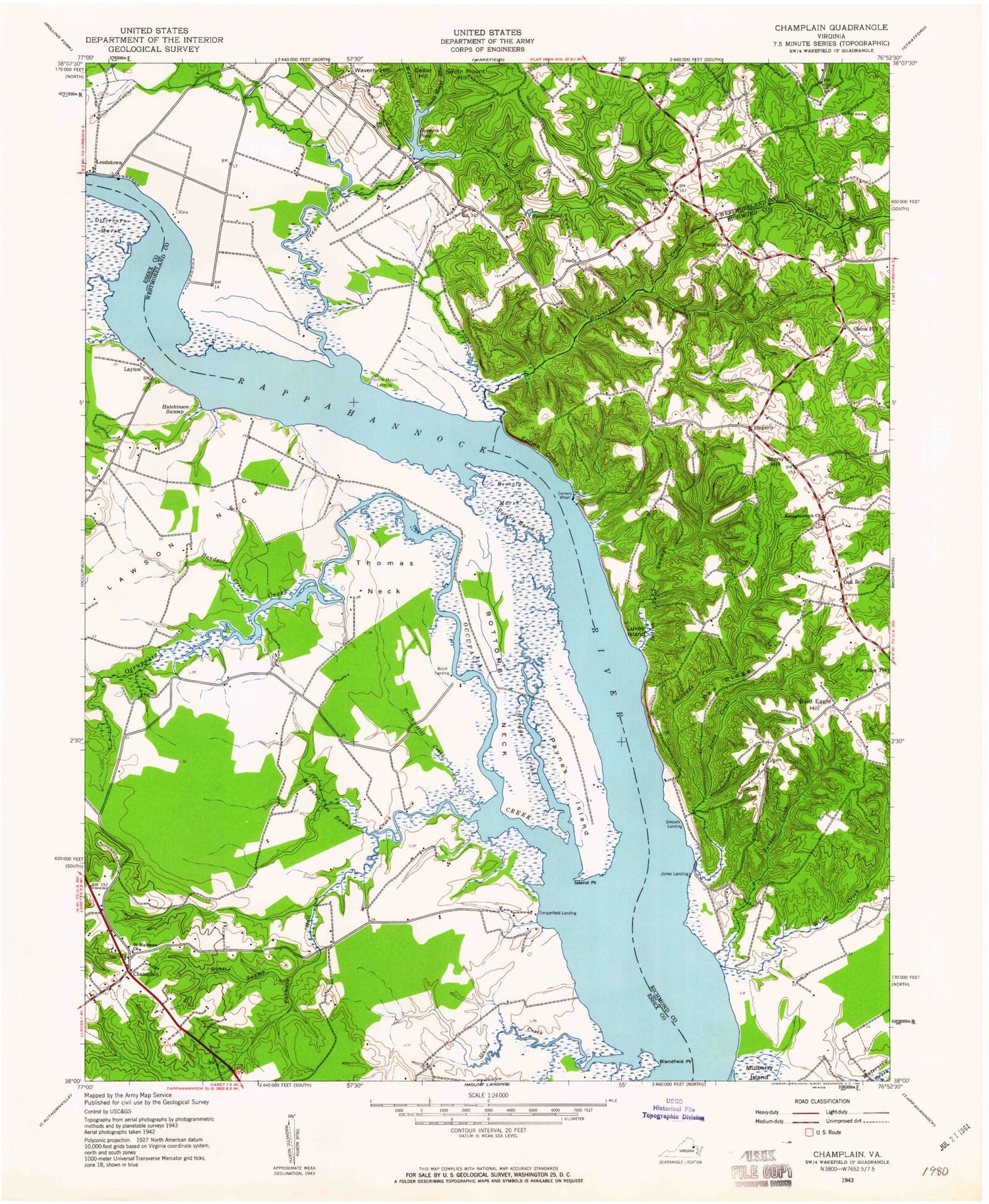 Classic USGS Champlain Virginia 7.5'x7.5' Topo Map Image