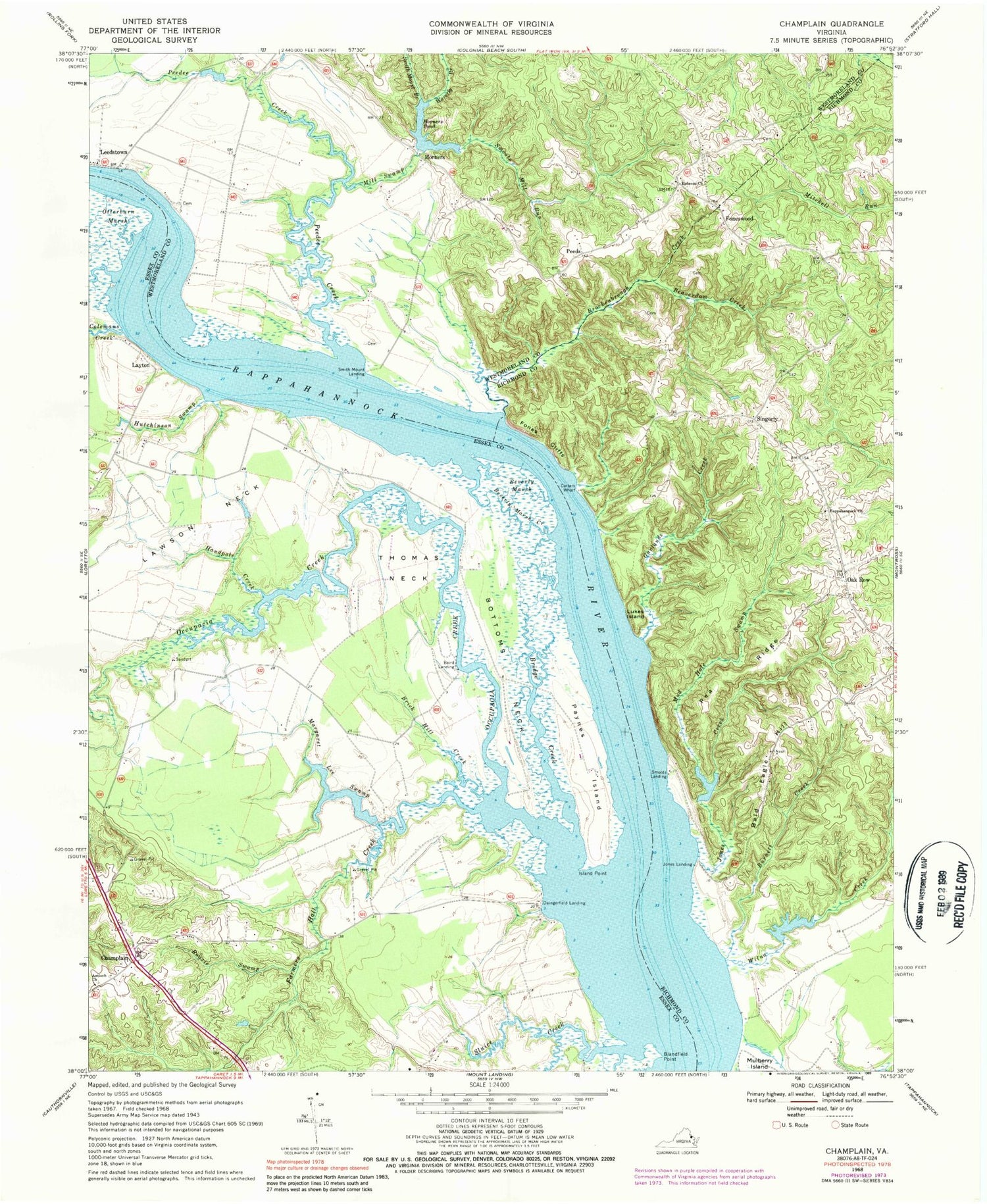 Classic USGS Champlain Virginia 7.5'x7.5' Topo Map Image